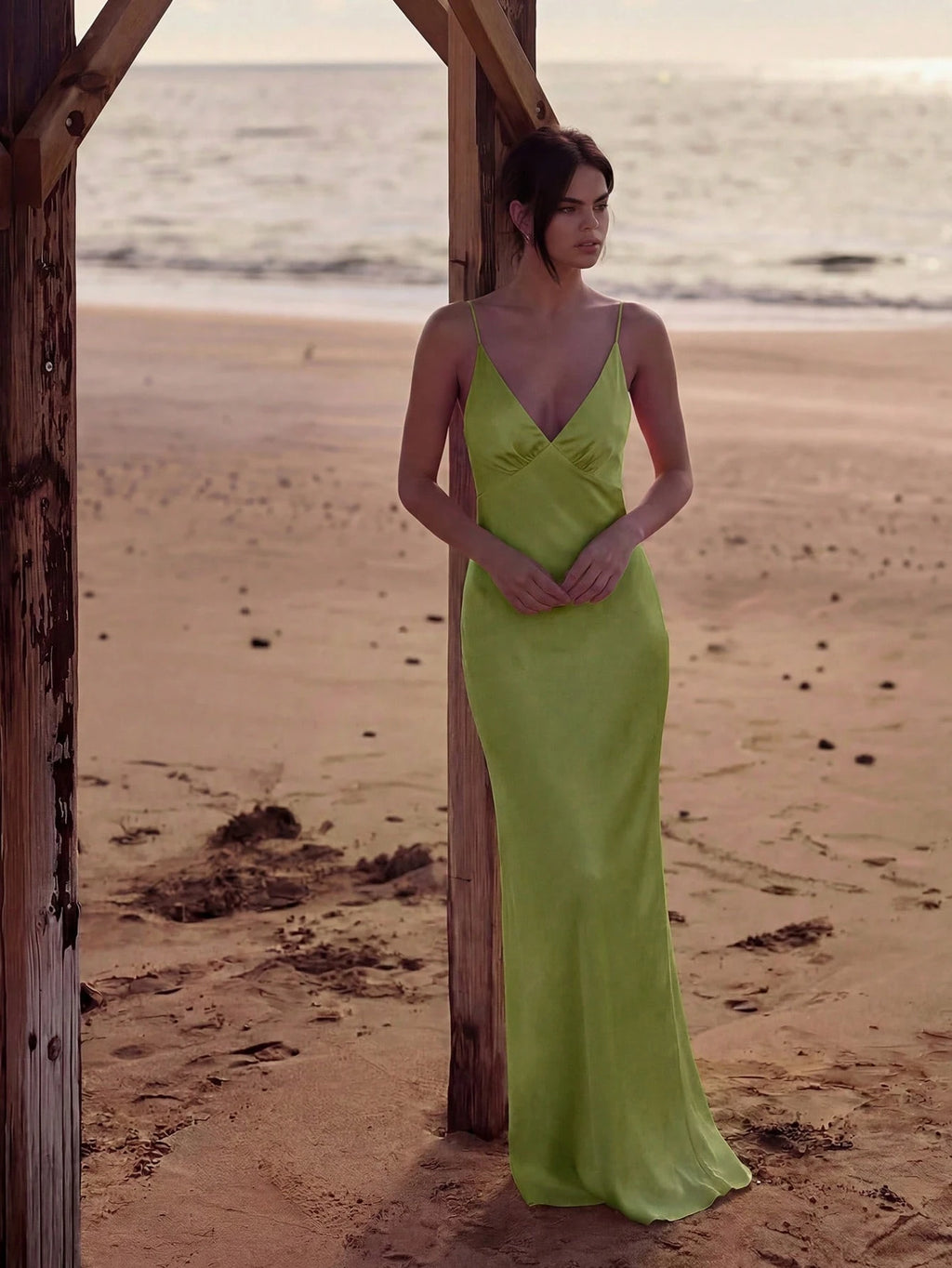 2026 New Luxury Silk Satin Long Dress, Spaghetti Strap Deep V Backless Mermaid Hem Fitted Formal Gown, - image 20
