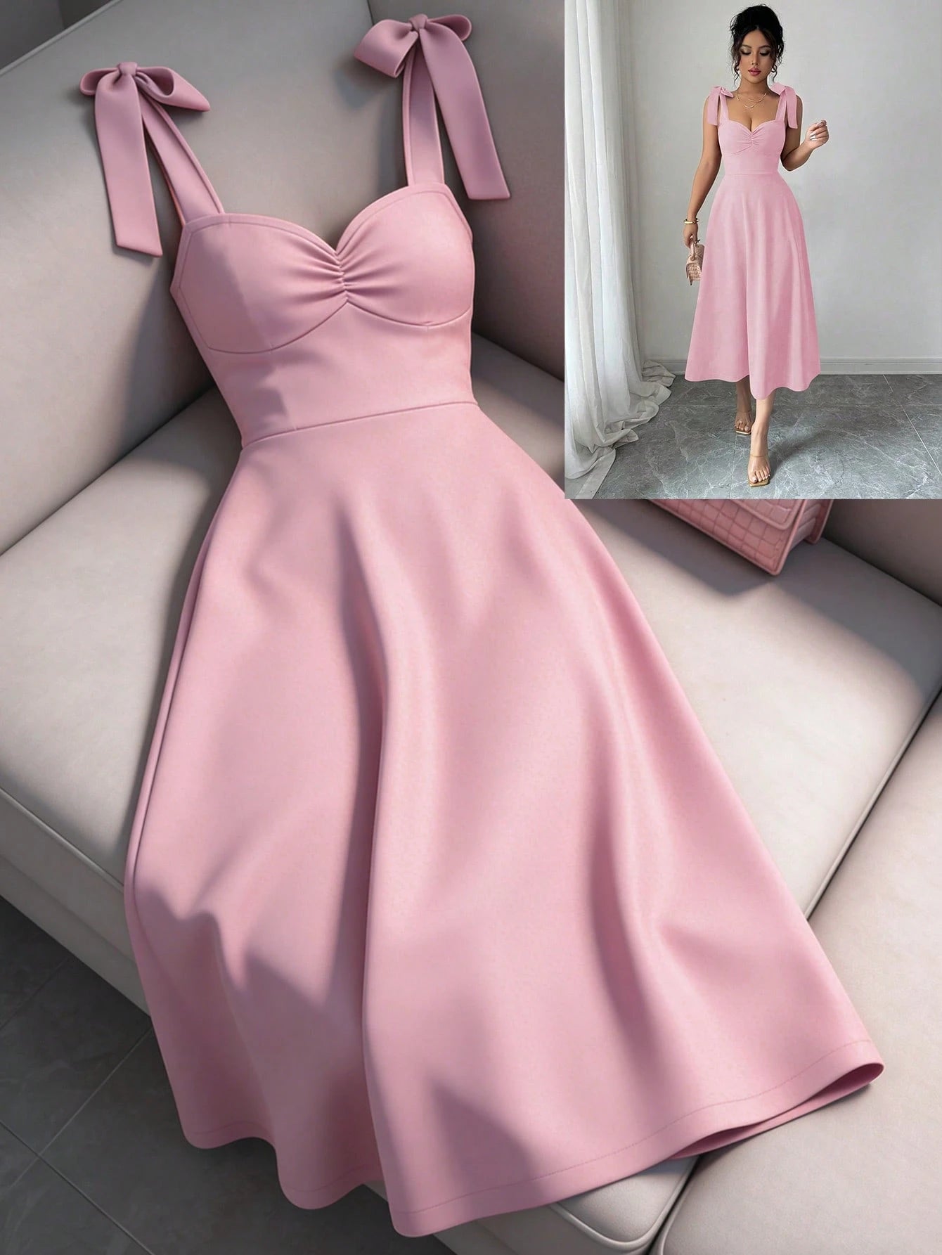 Elenzga Sleeveless Tie-Up Cinched Waist A-Line Elegant Romantic Women