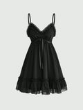 Goth Women's Lace Trim Lace-Up Ruched Casual Date Short Strap Dress