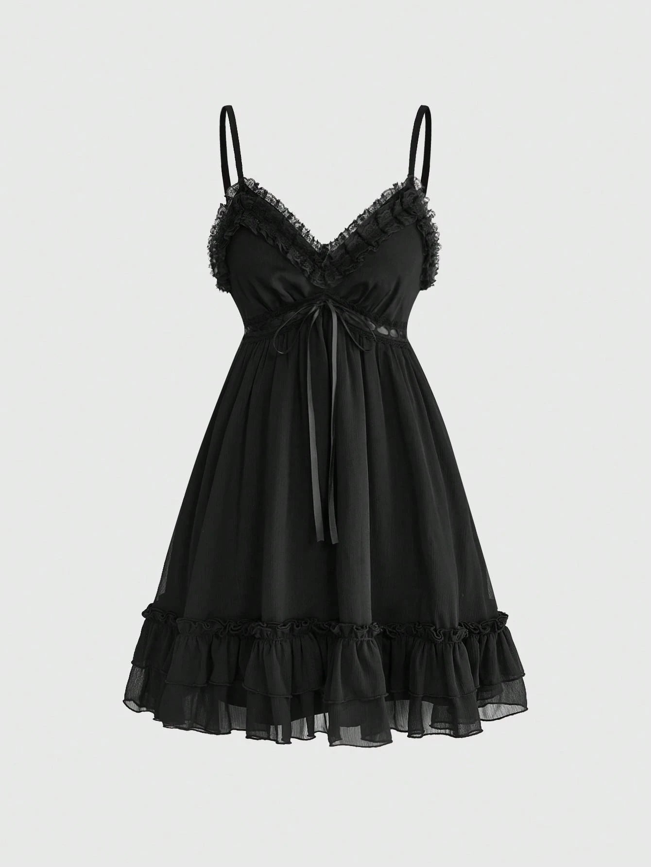 Goth Women's Lace Trim Lace-Up Ruched Casual Date Short Strap Dress