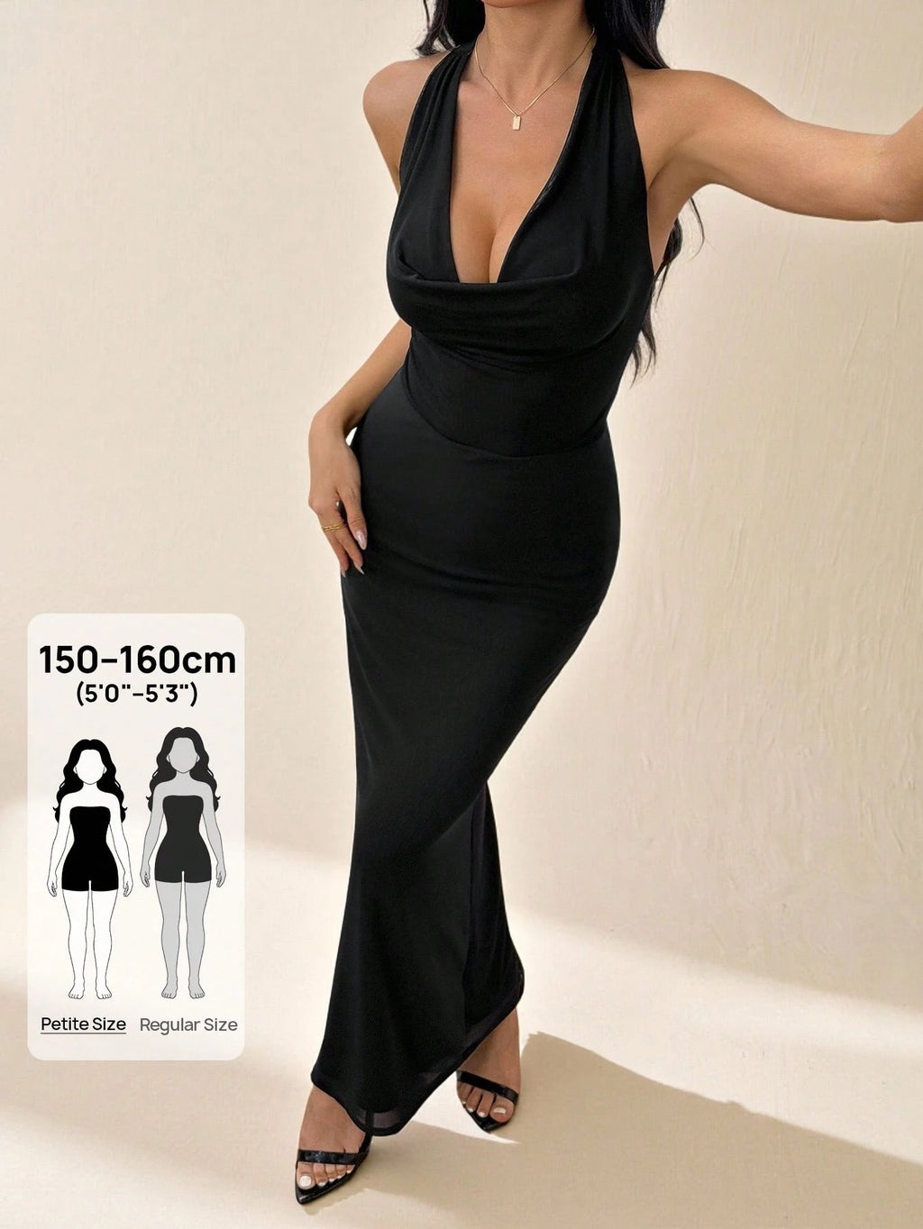 PETITE Women's Elegant Black Summer Bodycon Maxi Dress,Mesh Halter
