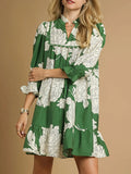 Bohemian Style Green Floral Print Mini Dress With Ruffled Hem
