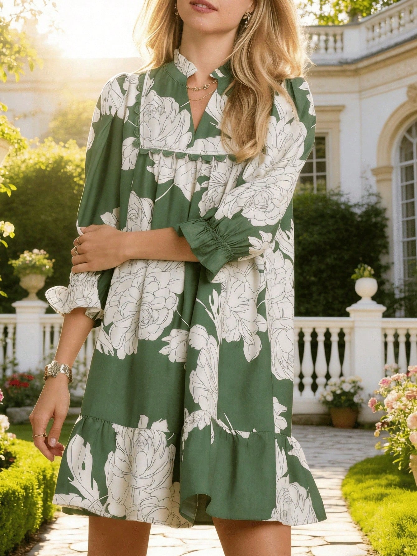 Bohemian Style Green Floral Print Mini Dress With Ruffled Hem