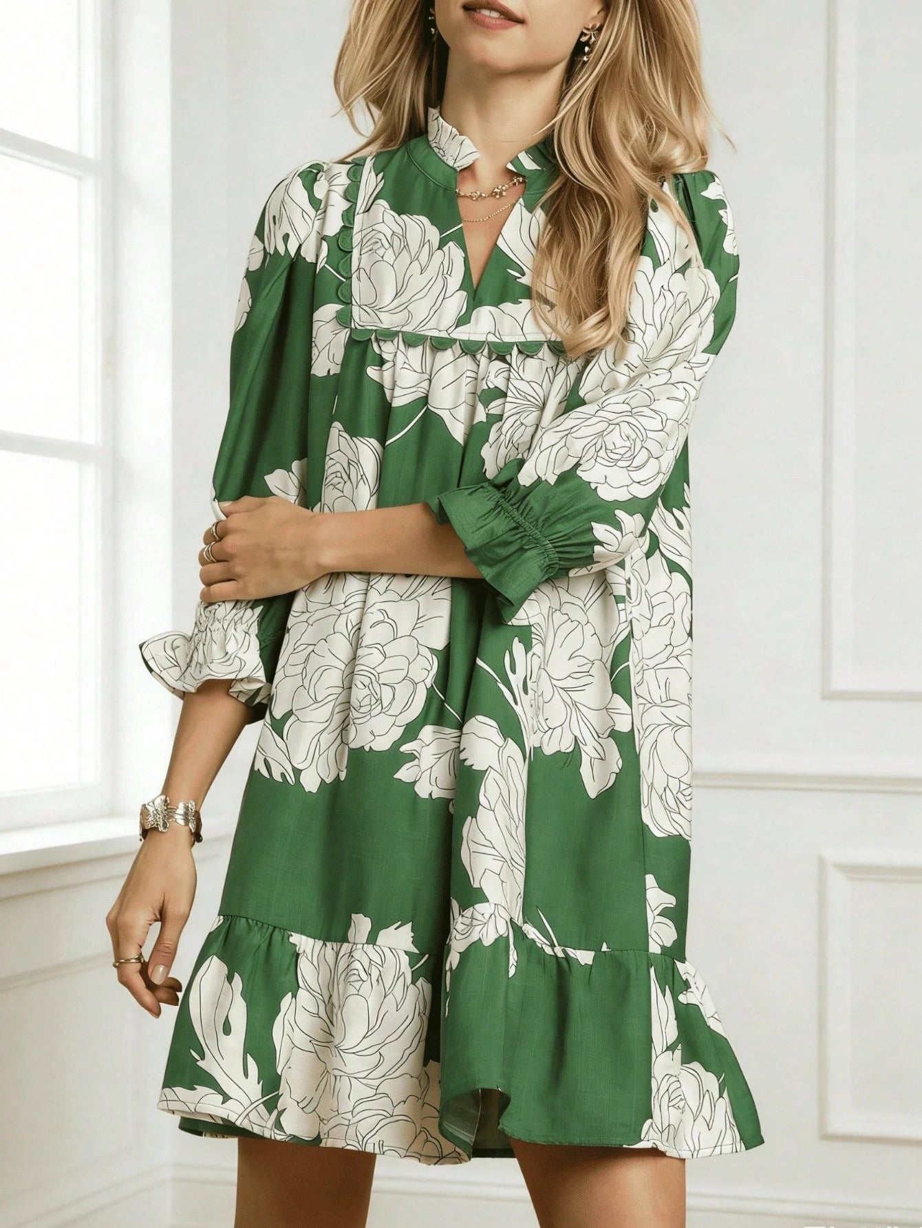 Bohemian Style Green Floral Print Mini Dress With Ruffled Hem