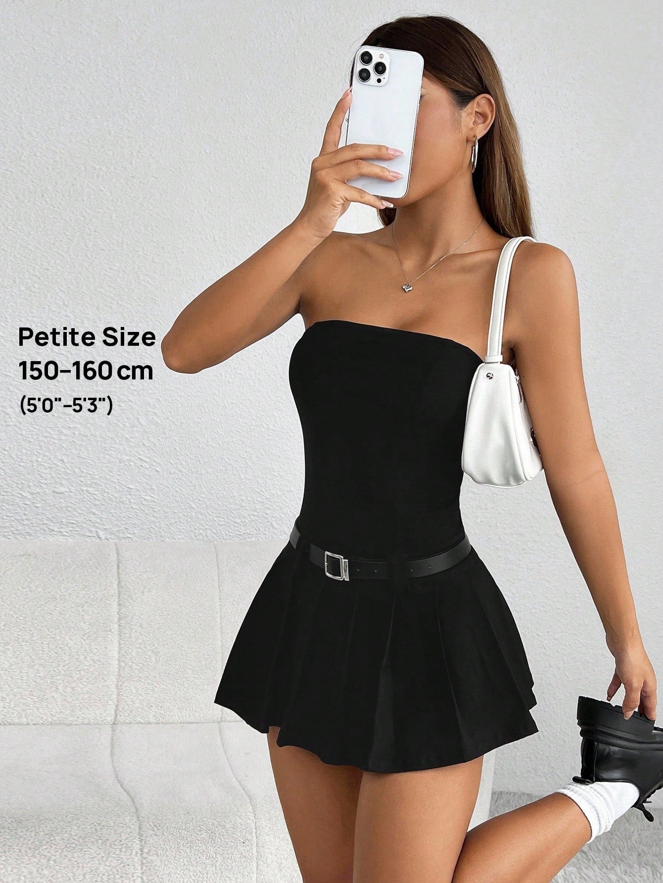 PETITE Women's Solid Color Pleated Hem Bandeau Dress,Sun Dress