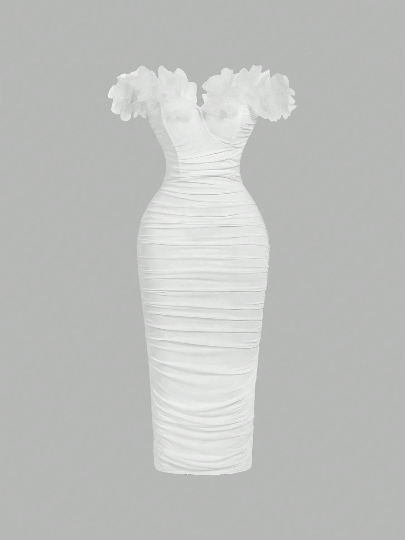 MOD Women's Elegant White Summer Bridal Wedding Guest Dress,3D Floral Decor Off-Shoulder Ruched Bodycon Midi - image 4