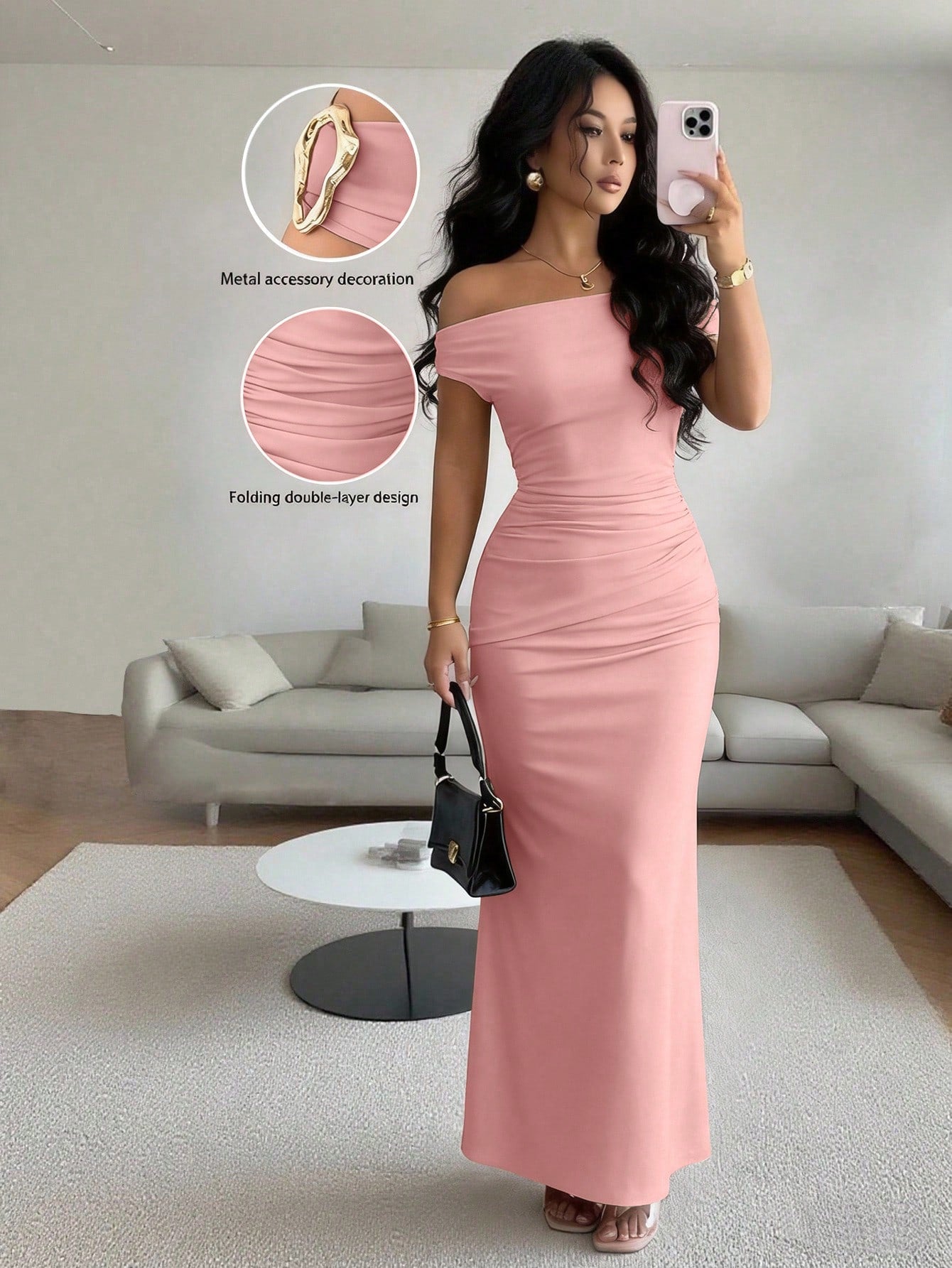 Rafferiza Elegant Ruched Off-Shoulder Metallic Accent Fitted Party