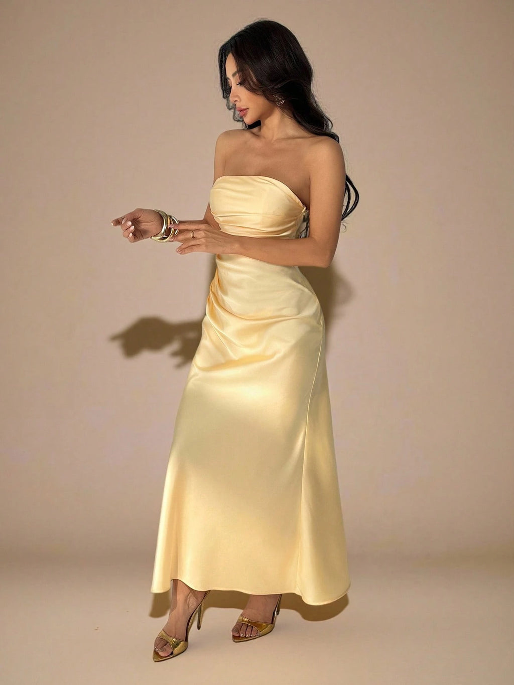 PETITE Strapless Ruched Fitted Backless Satin Long Dress,Dark Brown,Summer,Elegant,Dining,Formal Party - image 10