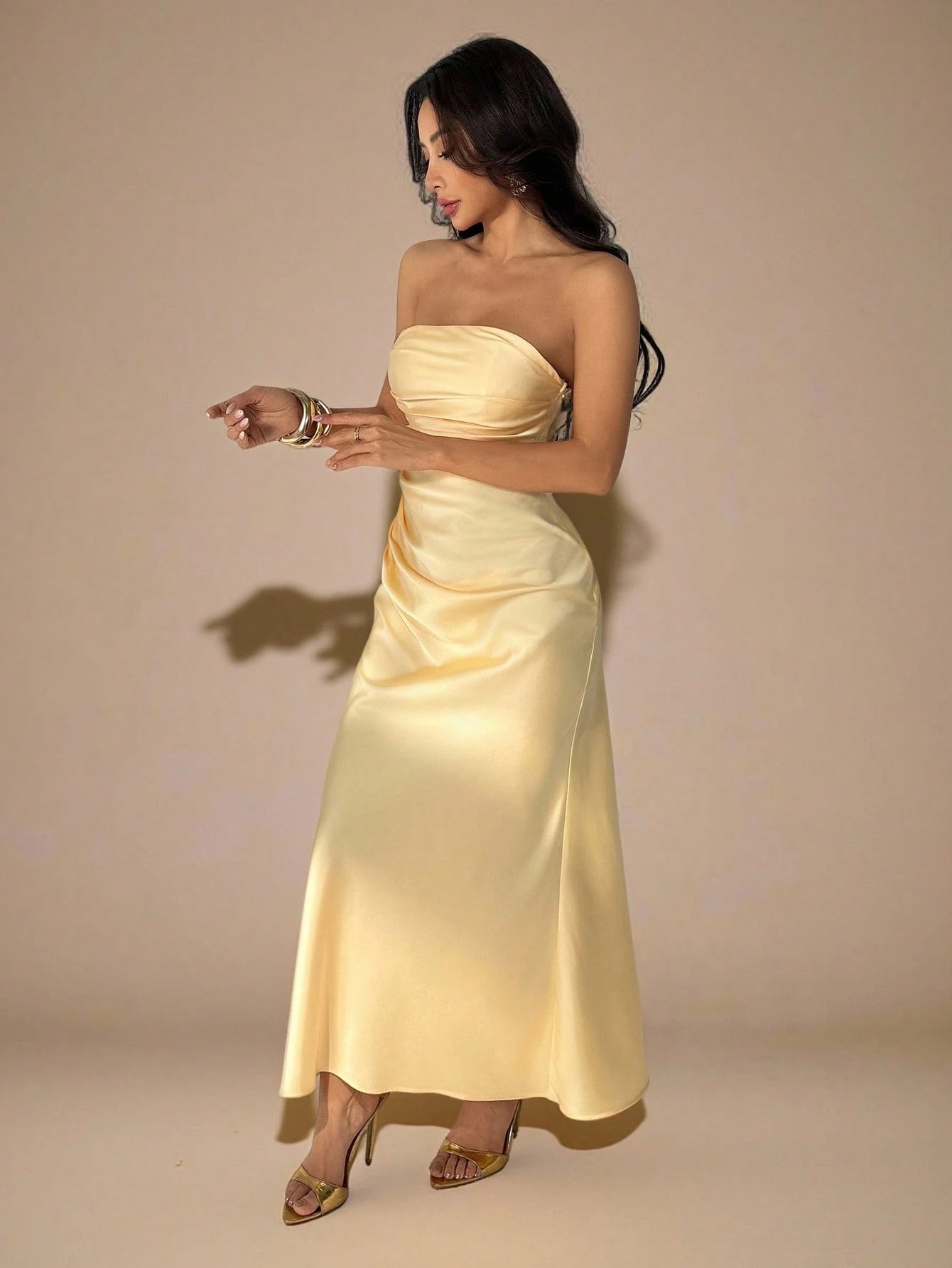 PETITE Strapless Ruched Fitted Backless Satin Long Dress,Dark Brown,Summer,Elegant,Dining,Formal Party - image 10