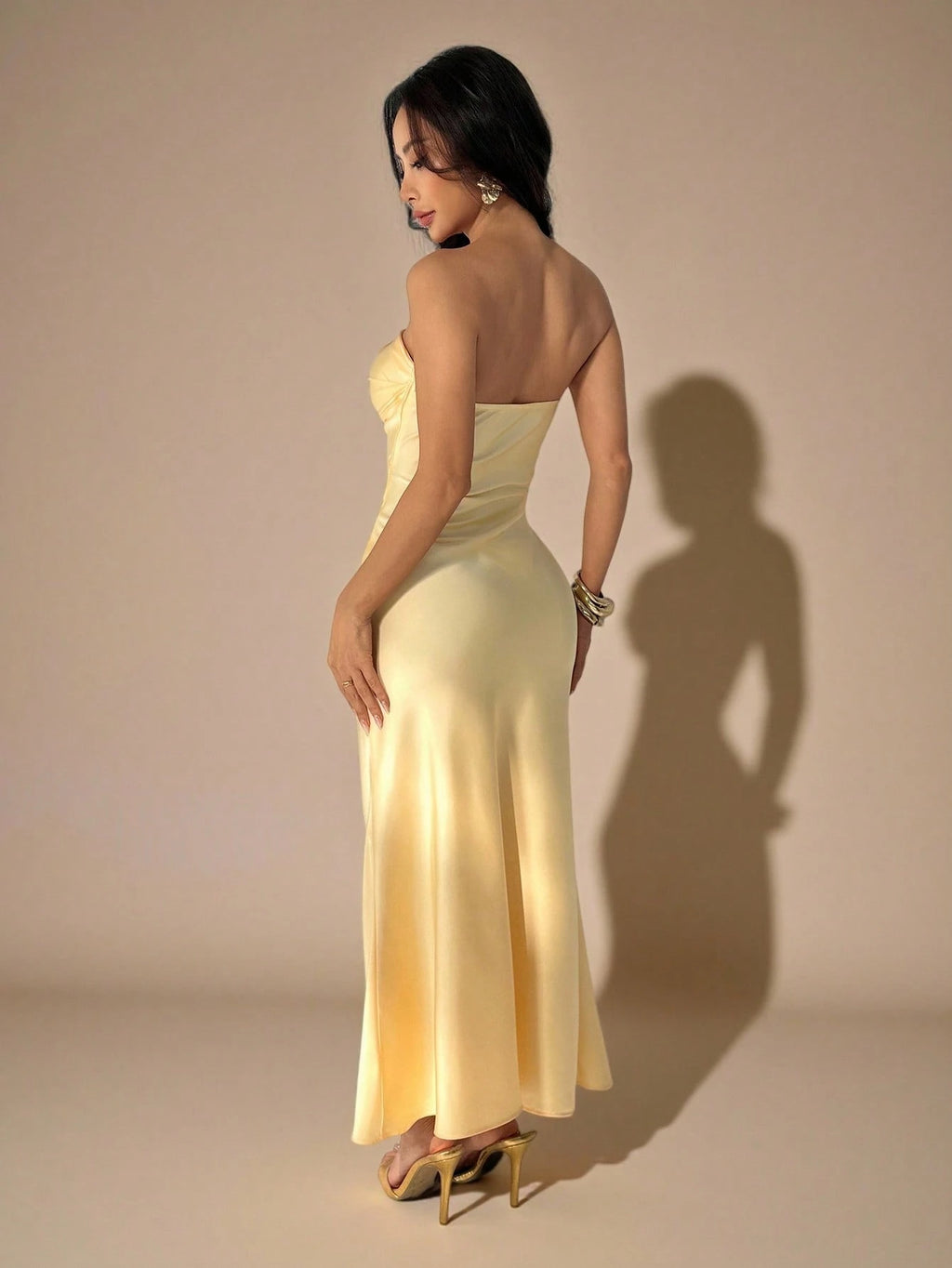 PETITE Strapless Ruched Fitted Backless Satin Long Dress,Dark Brown,Summer,Elegant,Dining,Formal Party - image 9