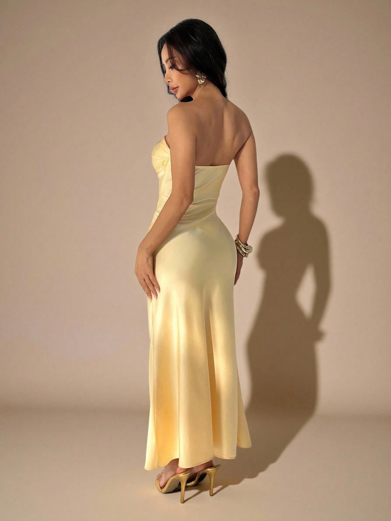PETITE Strapless Ruched Fitted Backless Satin Long Dress,Dark Brown,Summer,Elegant,Dining,Formal Party - image 9