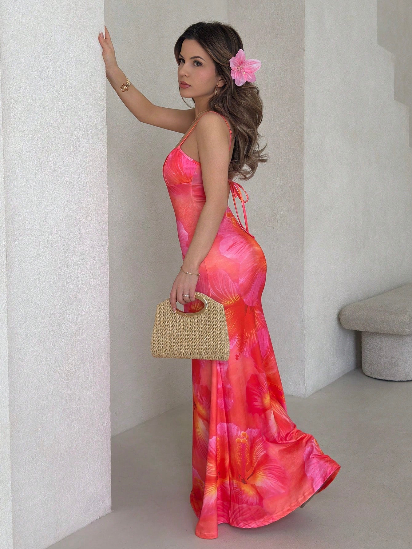 Jemour Summer Spaghetti Strap Tie-Up Bodycon Sexy Orange Hibiscus Print Dress, Suitable For Summer, Hawaiian - image 17