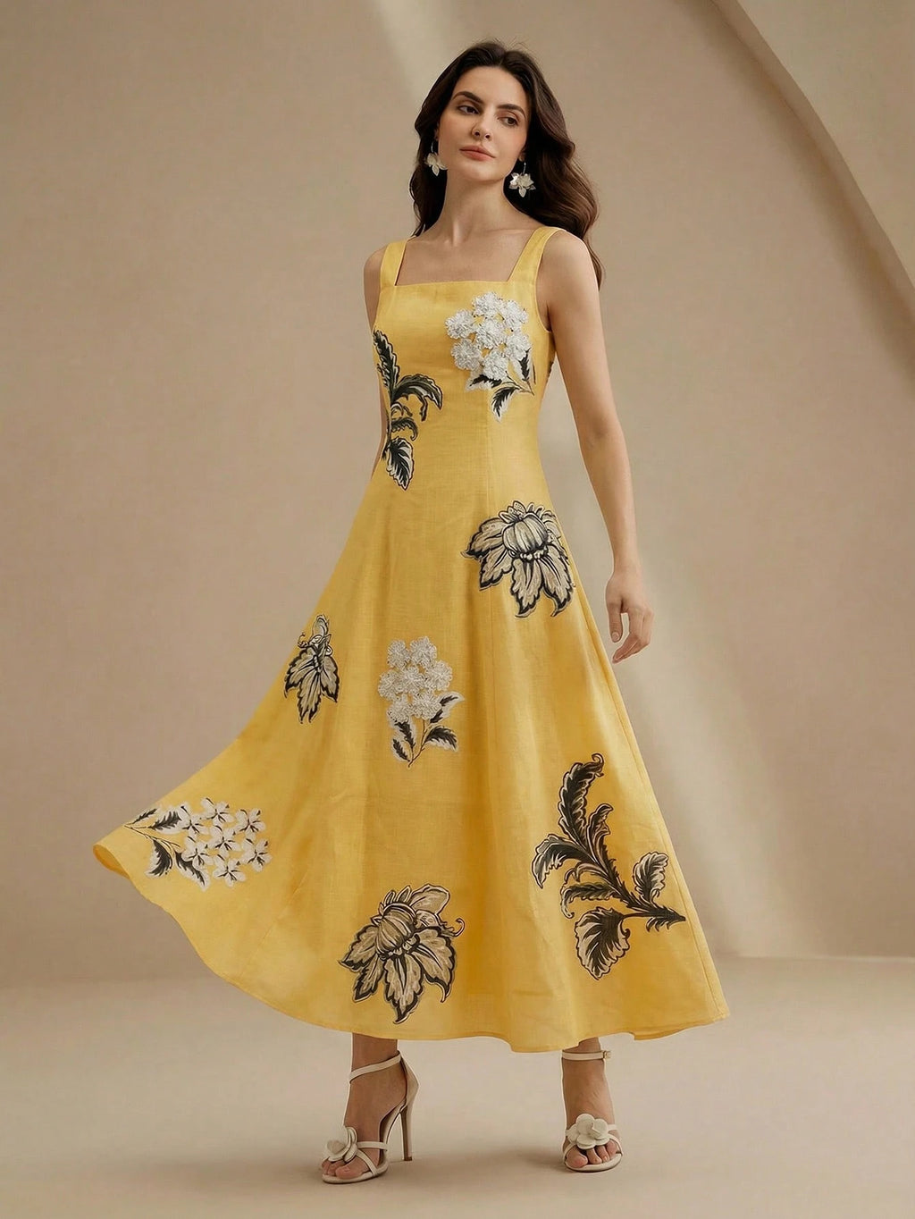 Anewsta Elegant Floral Print Slip Dress With Embroidered 3D Flowers,
