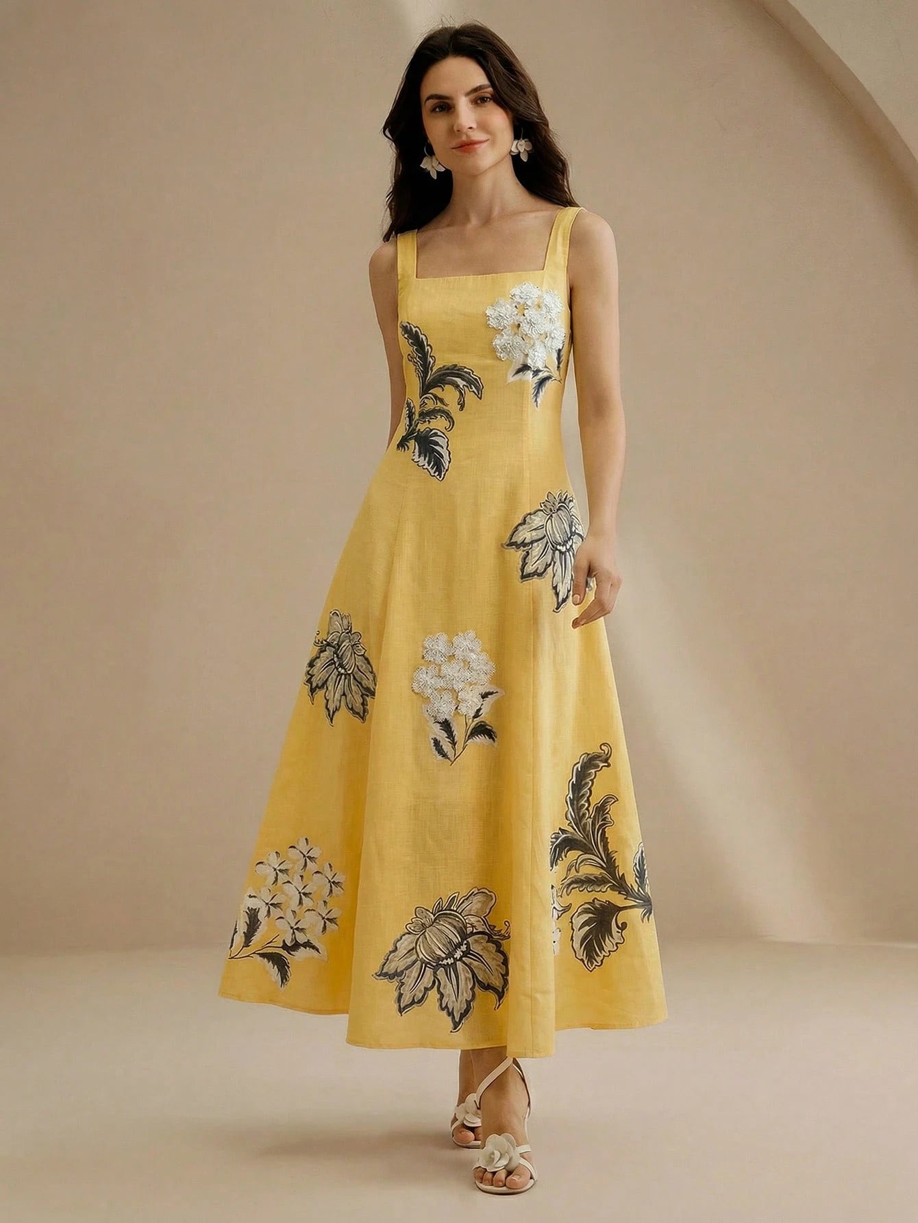 Anewsta Elegant Floral Print Slip Dress With Embroidered 3D Flowers,