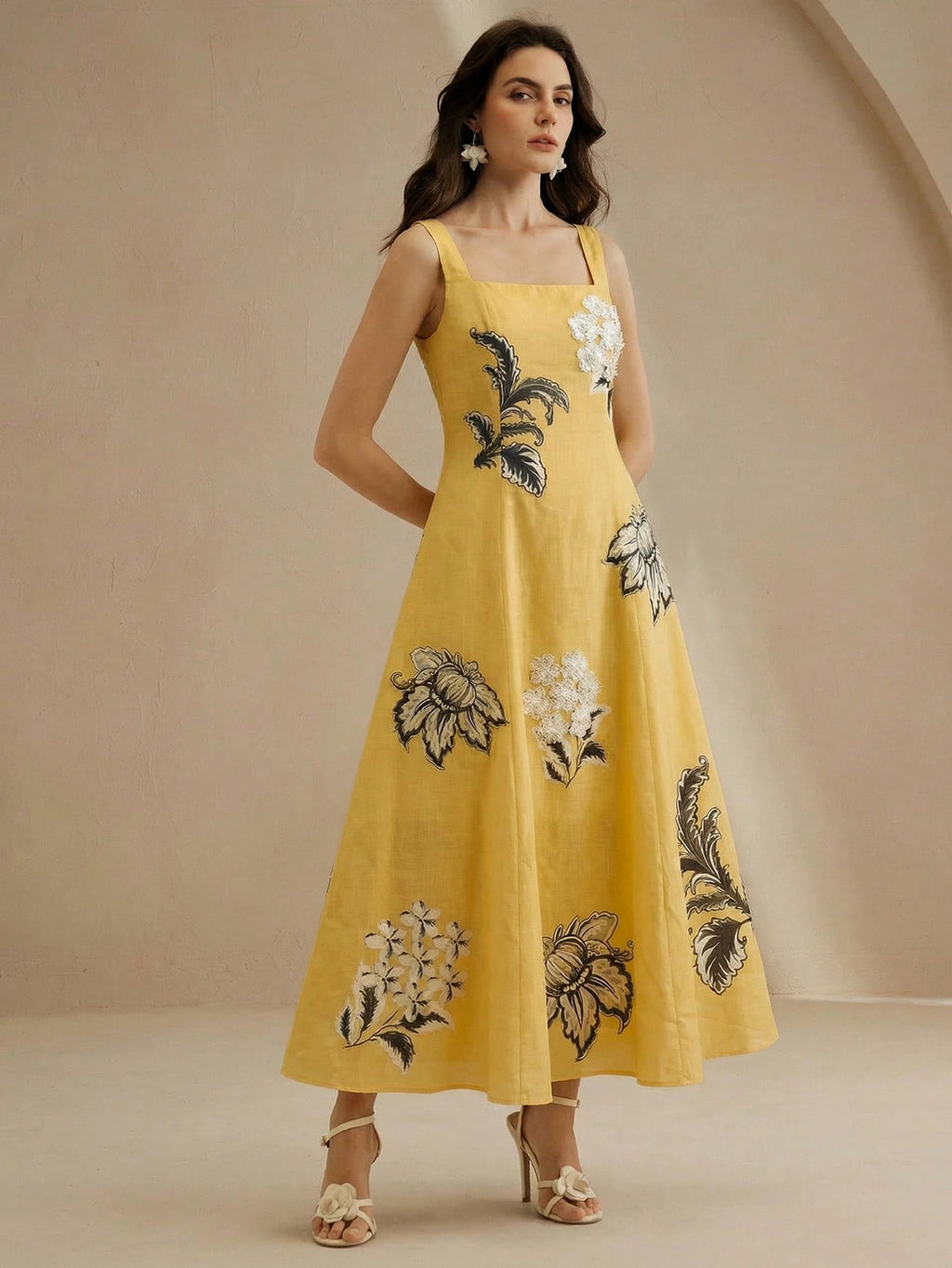 Anewsta Elegant Floral Print Slip Dress With Embroidered 3D Flowers,