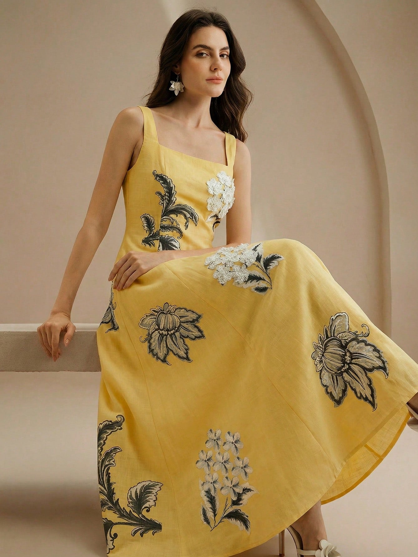 Anewsta Elegant Floral Print Slip Dress With Embroidered 3D Flowers,