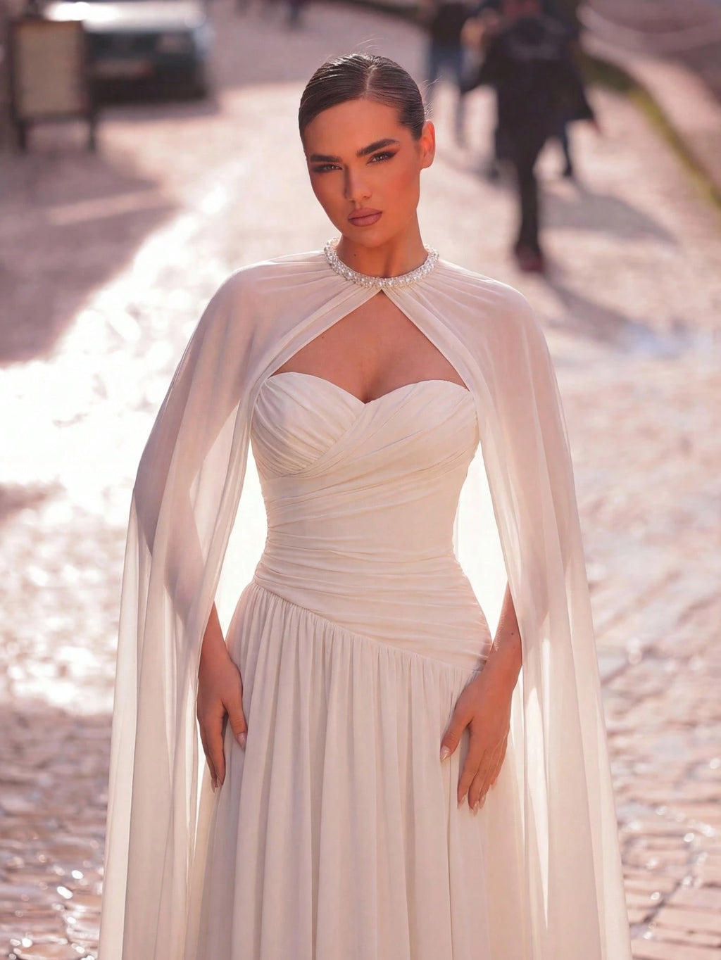 Aureia Elegant, , Fashionable Apricot Chiffon Halter Shawl Ruched Decor A-Line Dress, Party Wedding Guest And - image 2