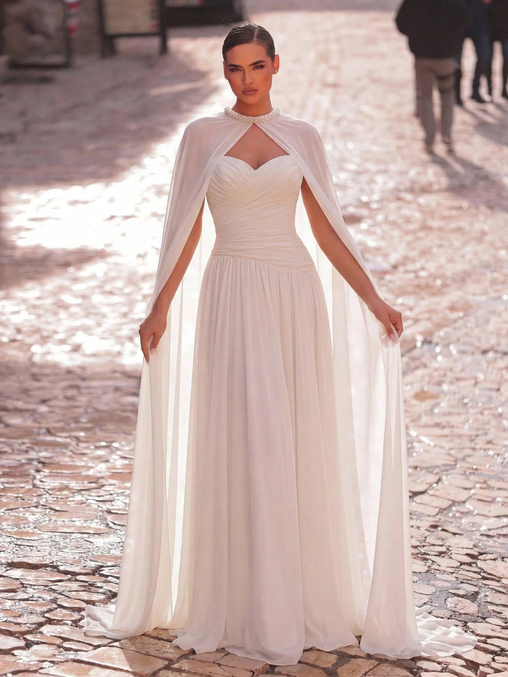 Aureia Elegant, , Fashionable Apricot Chiffon Halter Shawl Ruched Decor A-Line Dress, Party Wedding Guest And - image 5