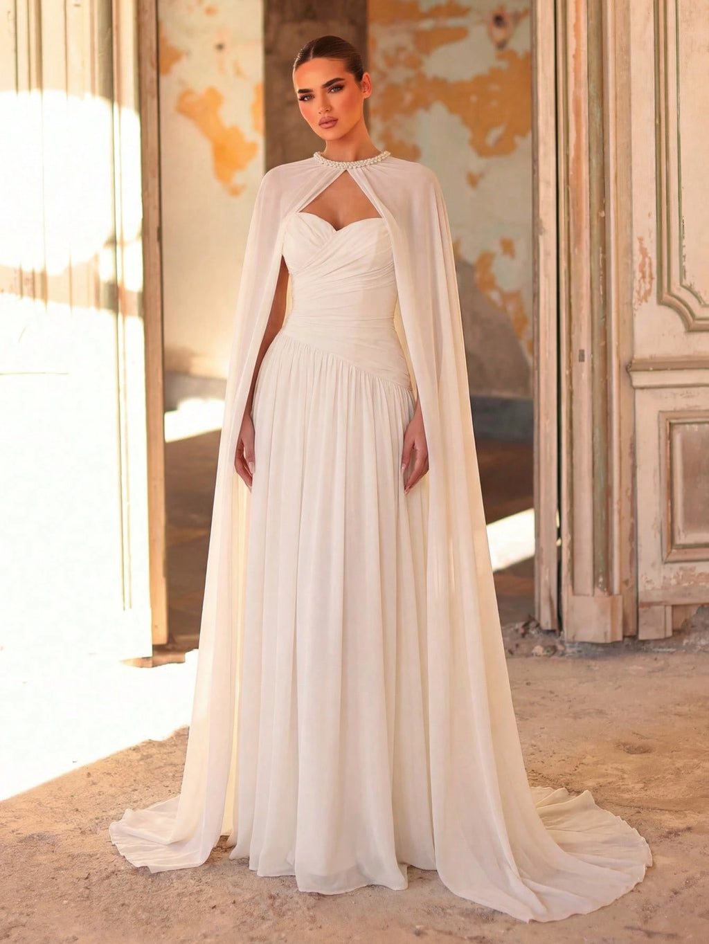 Aureia Elegant, , Fashionable Apricot Chiffon Halter Shawl Ruched Decor A-Line Dress, Party Wedding Guest And - image 6