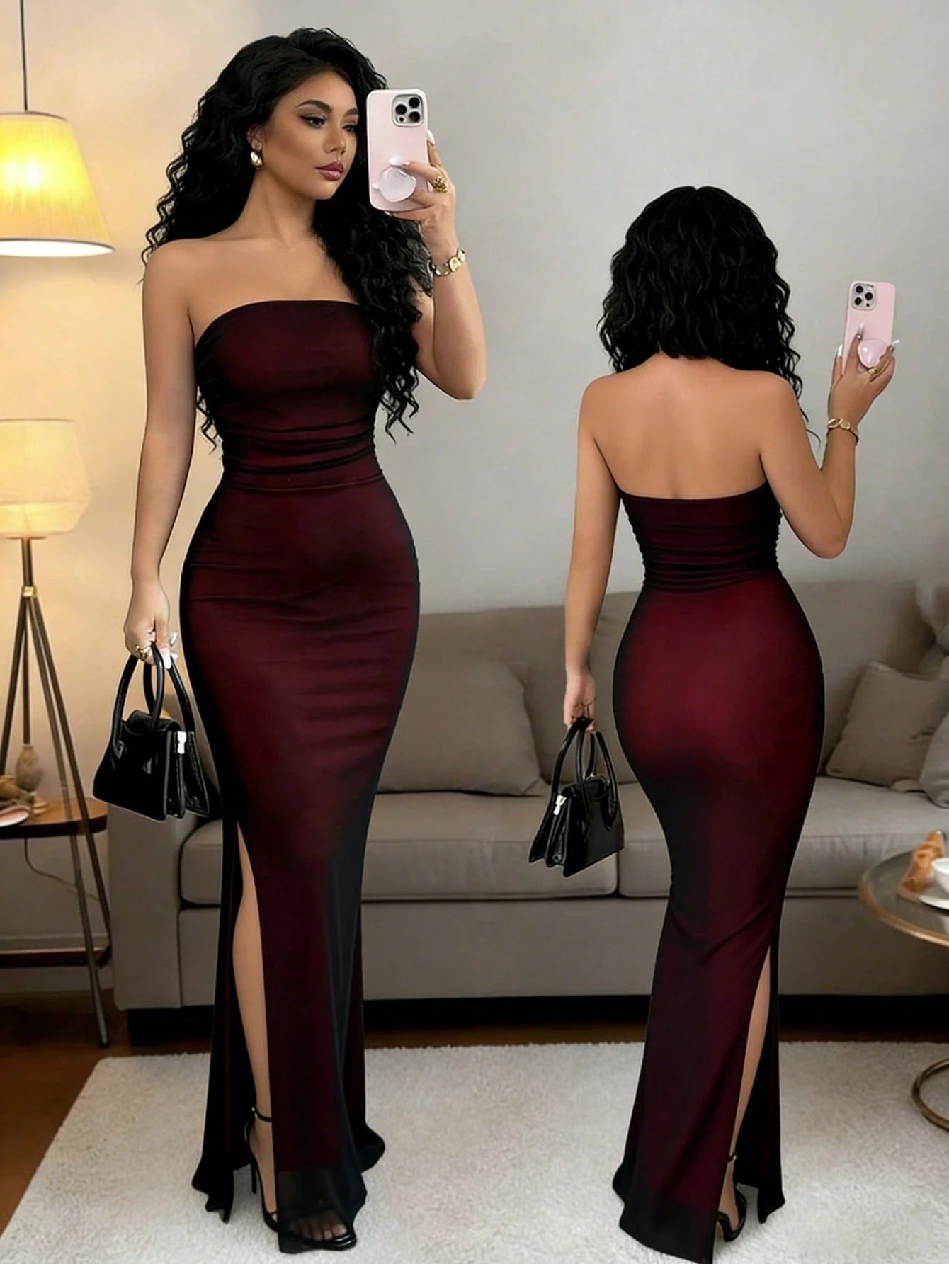 Rafferiza Women Summer Strapless Long Skirt Elegant Black And Silver Autumn Dining Tube Top Dress, Burgundy - image 8
