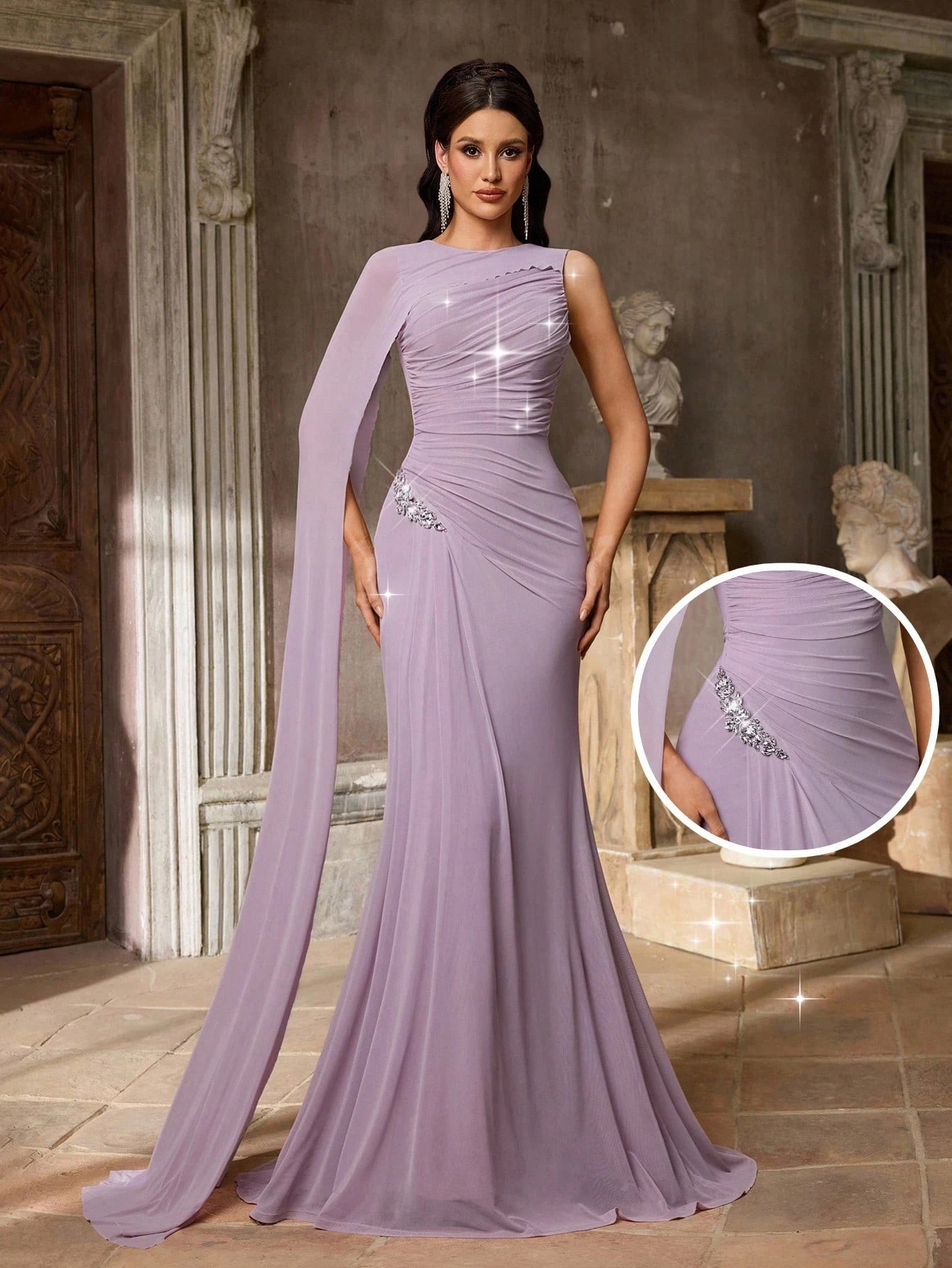 Aureia Elegant Graceful Sophisticated High Elastic Mesh Fabric Round Neck One Shoulder Oversized Cape Sleeve - image 8