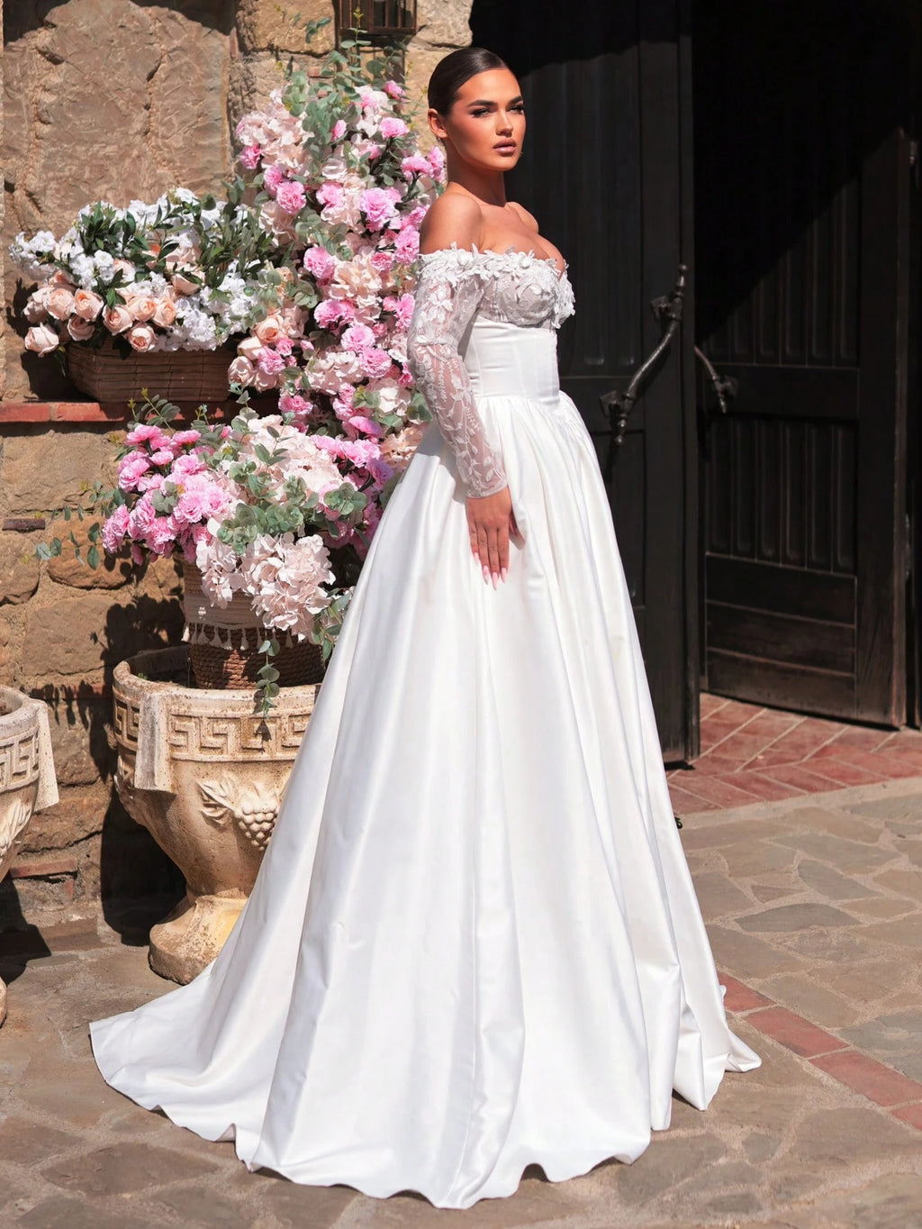 Glamrae White Summer Elegant Silky Formal Wedding Luxurious Embroidered Lace Sequin Floral Off-Shoulder Petal - image 4