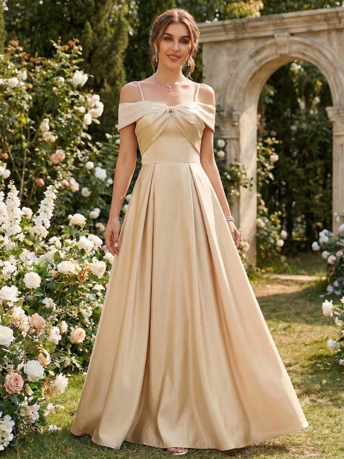 YUMIBRAVO Solid Color Satin Strapless Dress With Bowknot Accent Wedding Gown White Elegant Bridal Dress,Bride - image 7