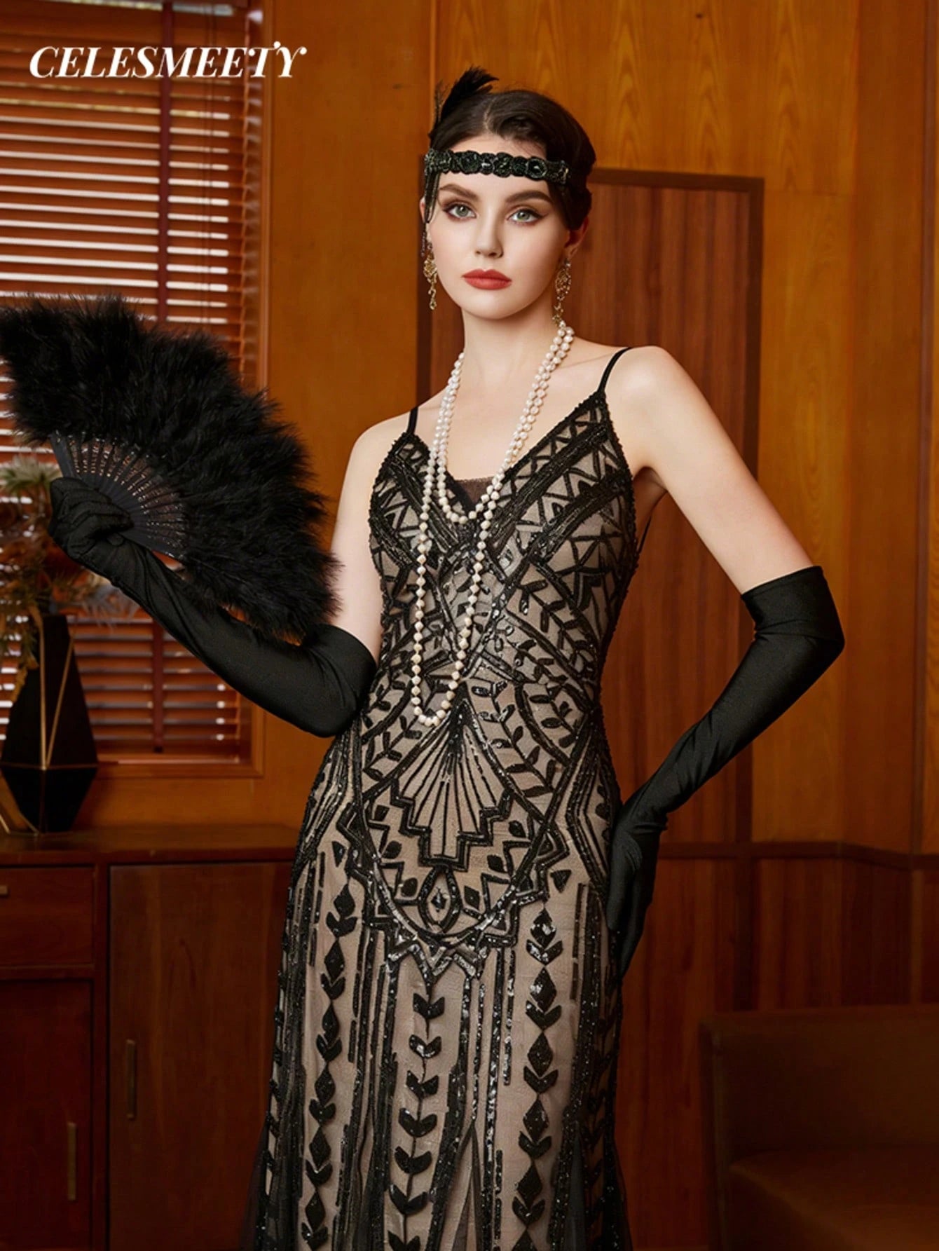 1920s Vintage Style Sequin V-Neck Slip Dress, Elegant For Parties And Formal Events Wedding Black Spring - image 4