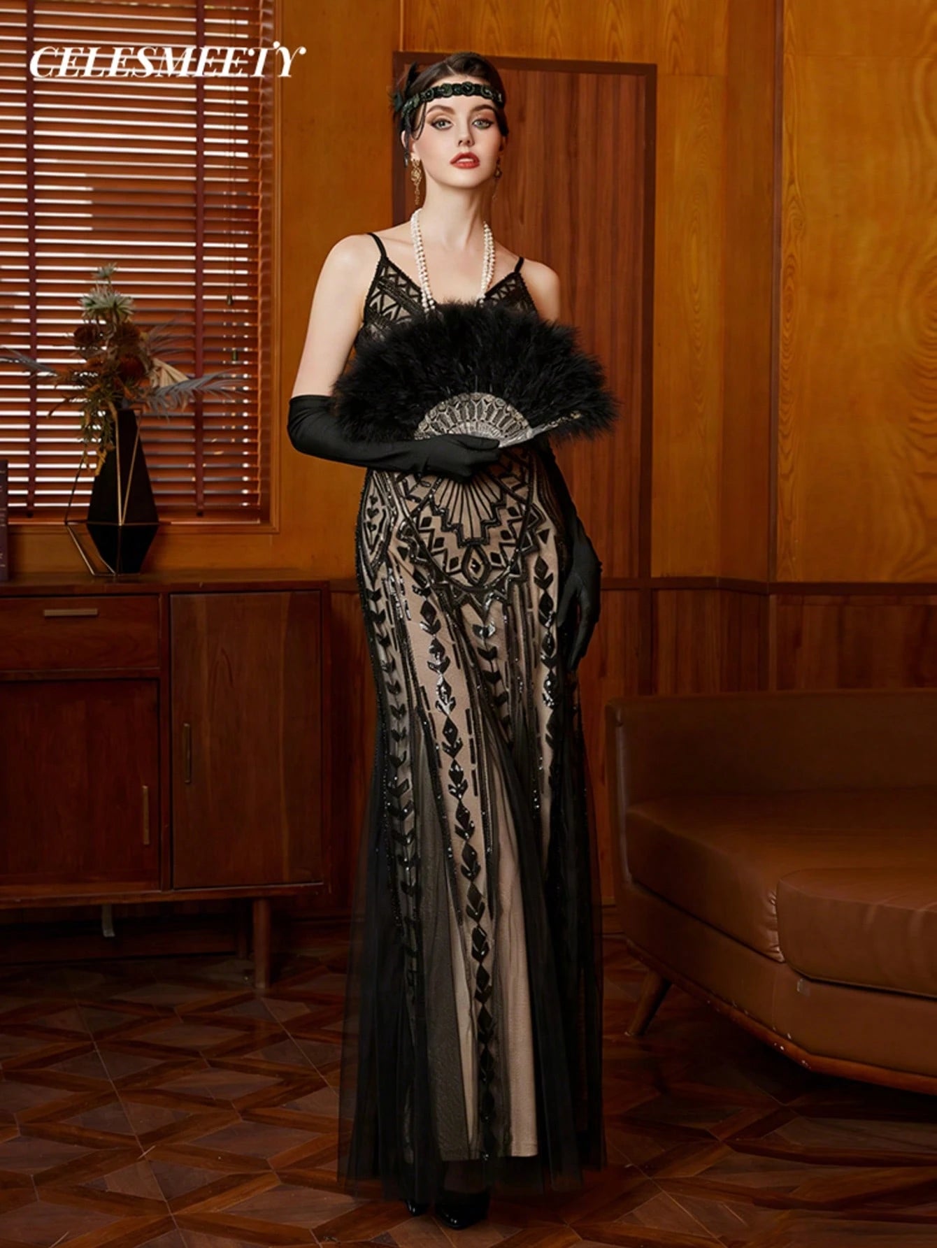 1920s Vintage Style Sequin V-Neck Slip Dress, Elegant For Parties And Formal Events Wedding Black Spring - image 5