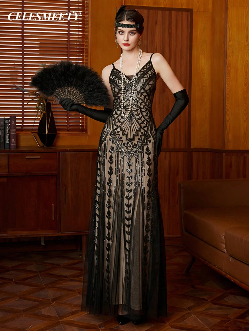 1920s Vintage Style Sequin V-Neck Slip Dress, Elegant For Parties And Formal Events Wedding Black Spring - image 6
