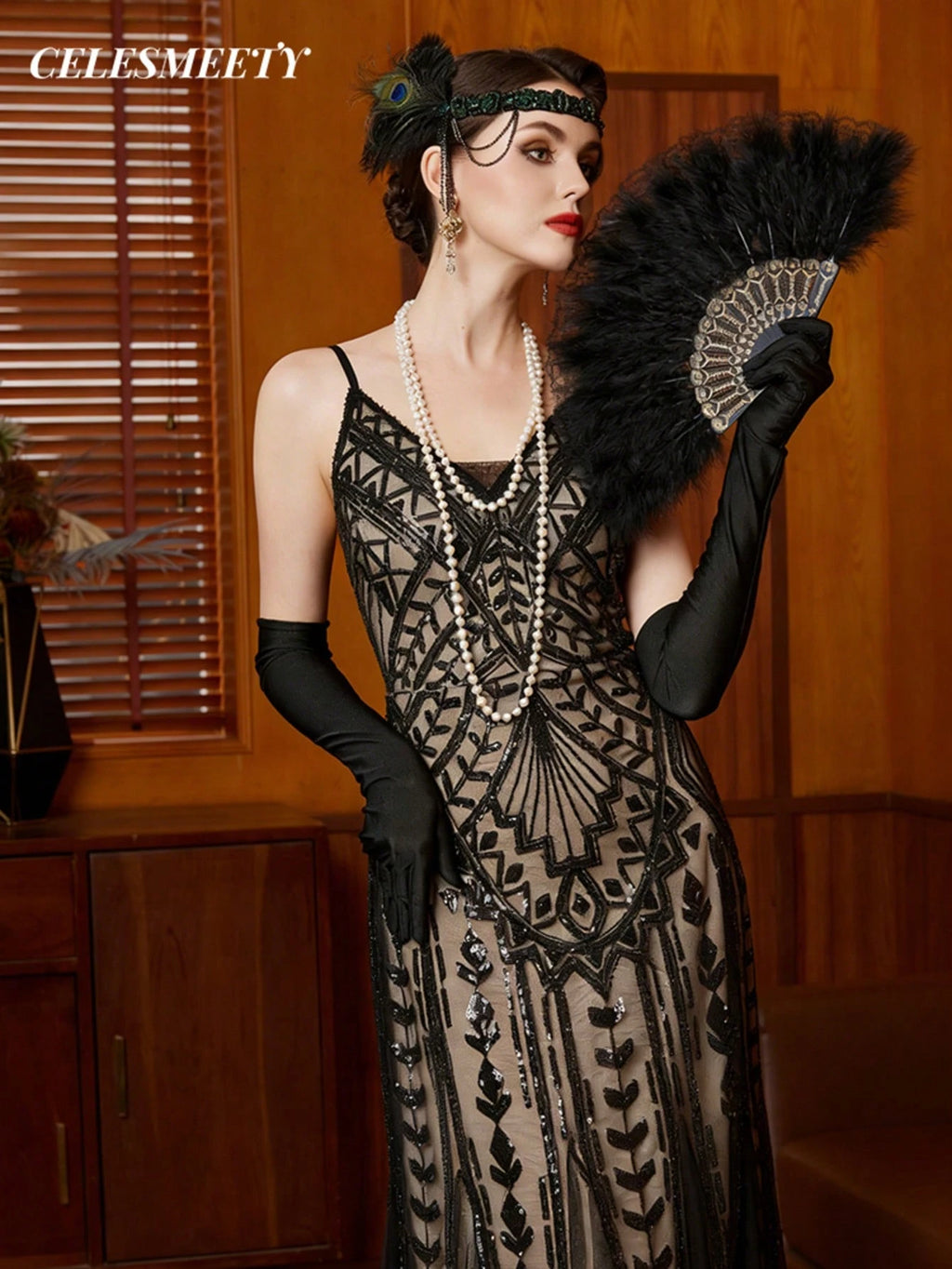 1920s Vintage Style Sequin V-Neck Slip Dress, Elegant For Parties And Formal Events Wedding Black Spring - image 7