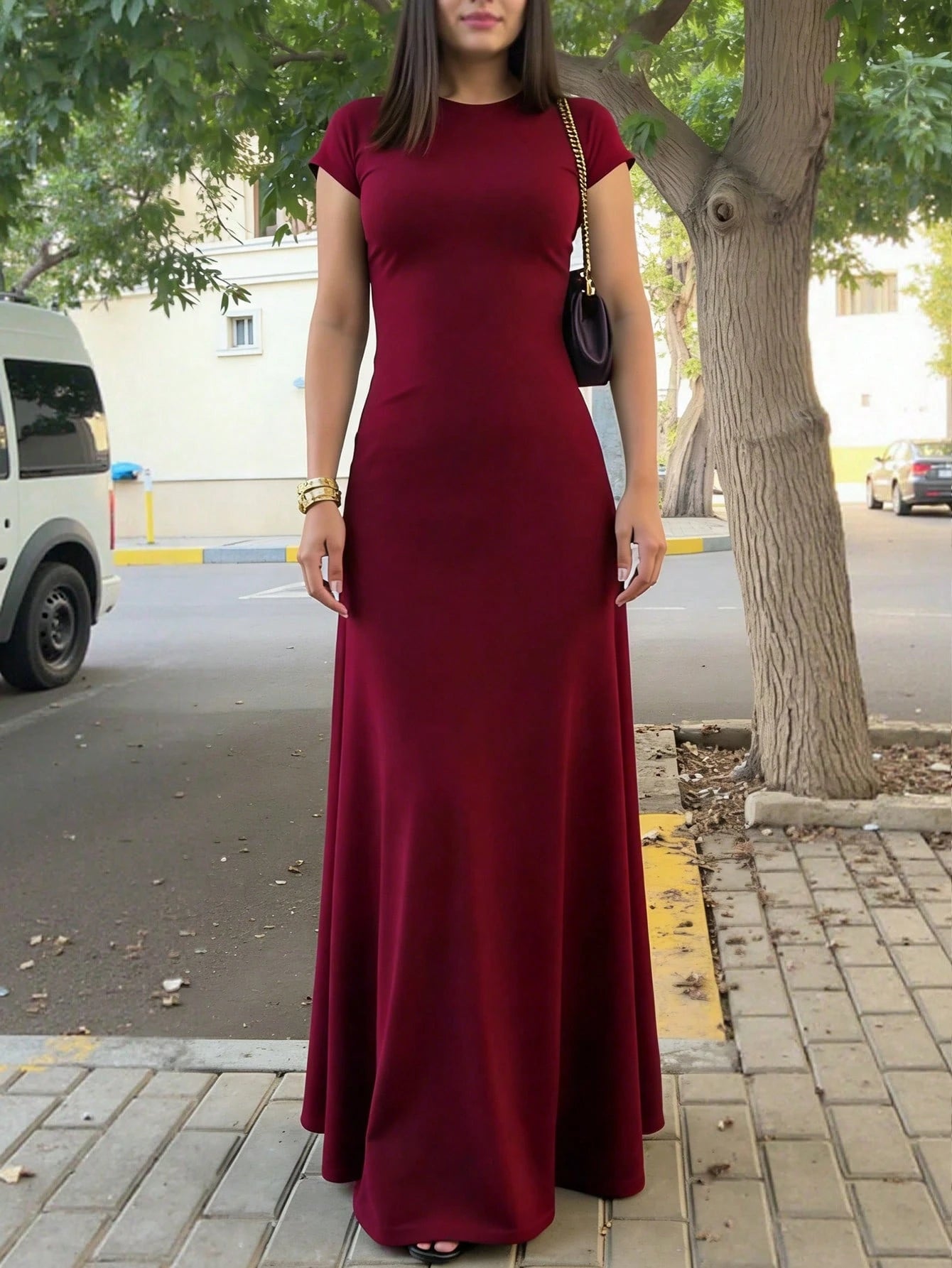 INAWLY Solva Women's Solid Color Round Neck Elegant Waist Cinched Long Party Dress - image 15