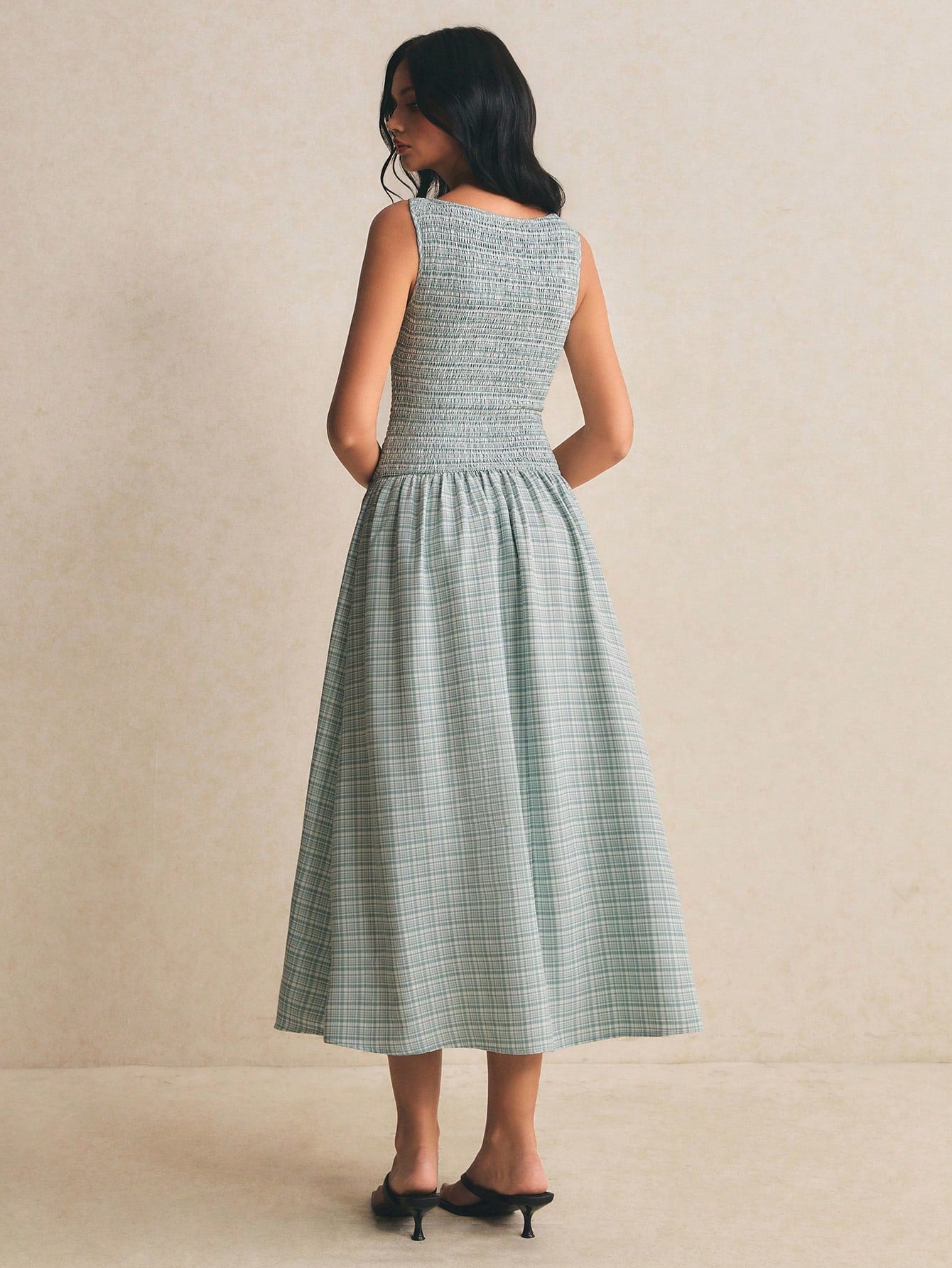 Poéselle Brown Gingham Plaid Summer Casual European Sexy Holiday Picnic Vacation Pleated Maxi Dress For - image 6
