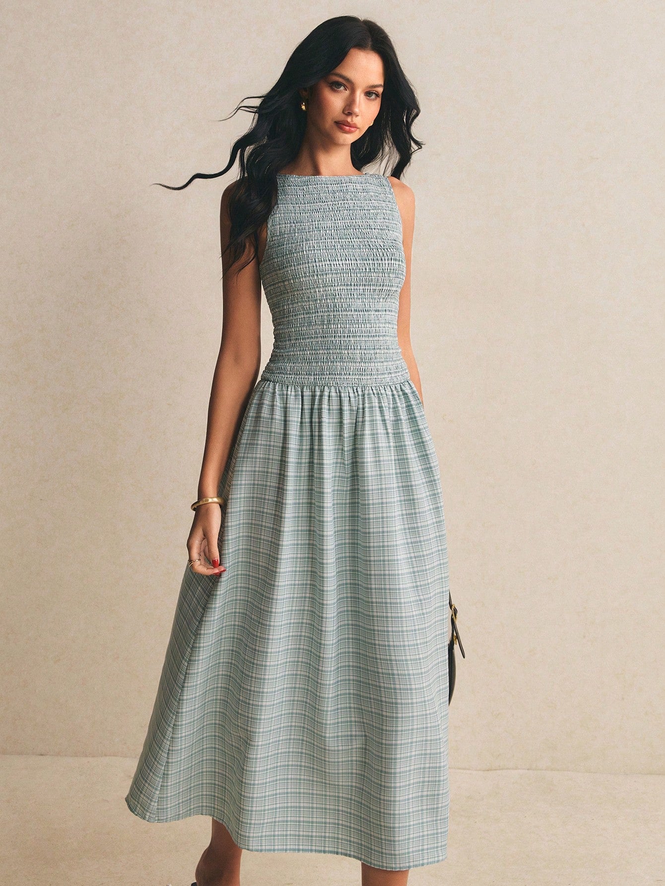 Poéselle Brown Gingham Plaid Summer Casual European Sexy Holiday Picnic Vacation Pleated Maxi Dress For - image 3