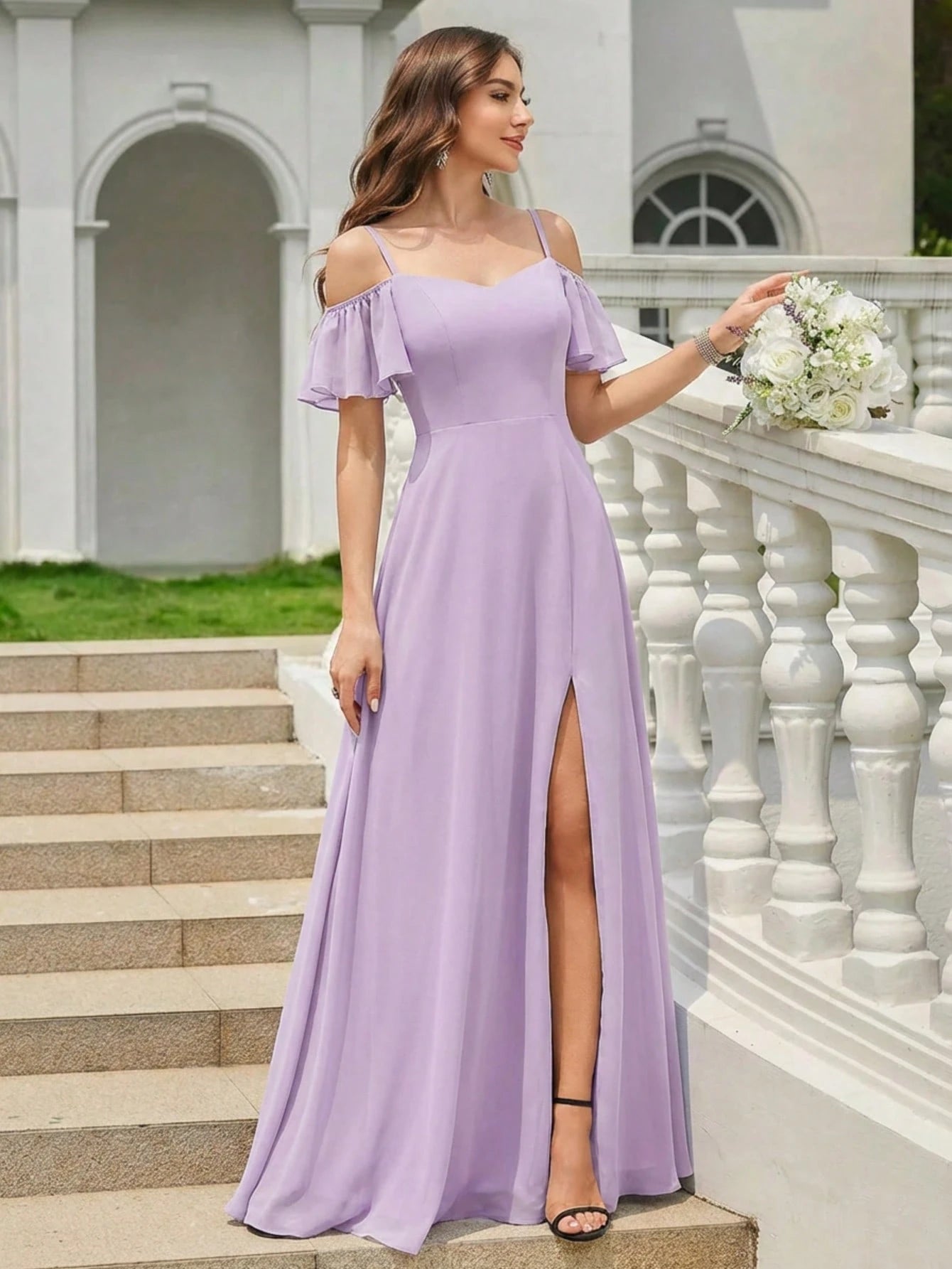 EVERPRETTY Elegant Open Shoulder Chiffon Long Bridesmaid Dress, Suitable For Weddings And Graduation - image 17