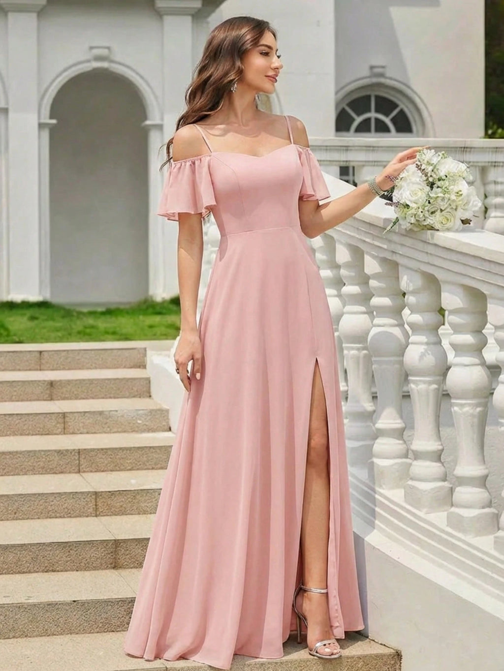 EVERPRETTY Elegant Open Shoulder Chiffon Long Bridesmaid Dress, Suitable For Weddings And Graduation - image 6