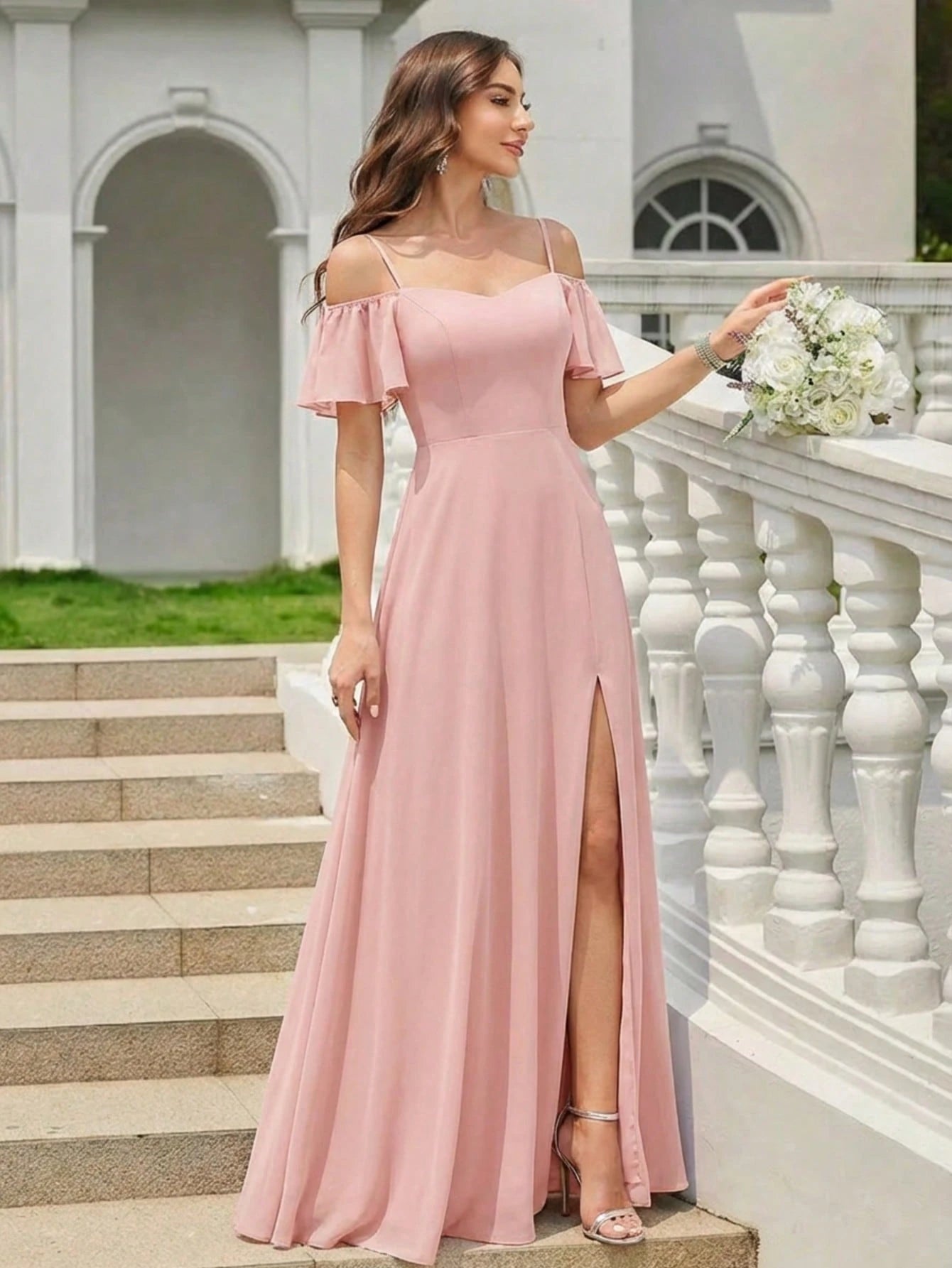 EVERPRETTY Elegant Open Shoulder Chiffon Long Bridesmaid Dress, Suitable For Weddings And Graduation - image 6