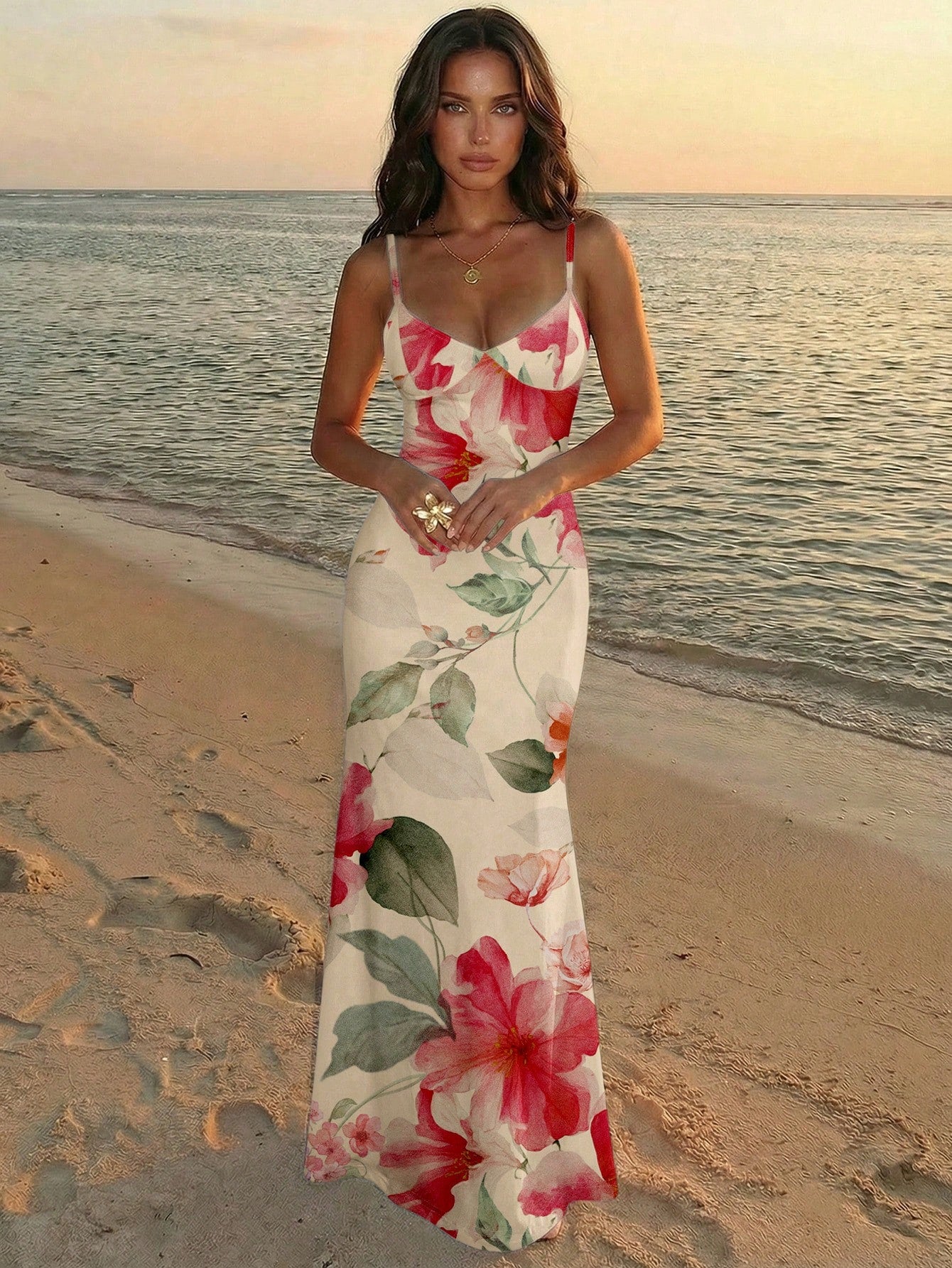 Aloruh Vacation Spaghetti Strap Tie-Up Bodycon Printed Dress For