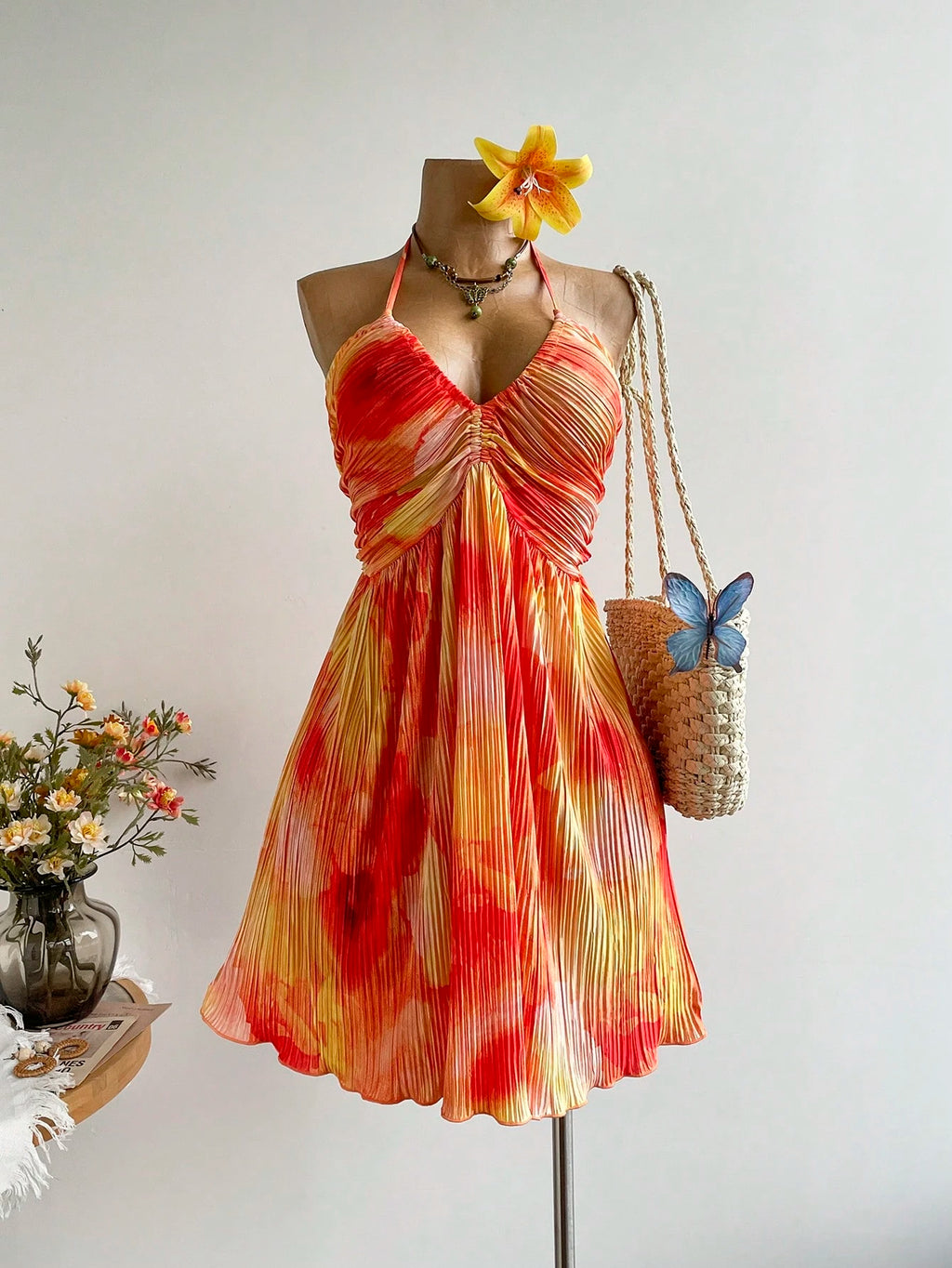 Rusttydustty Party Sunset Tie-Dye Backless Mini Dress, Vacation Pleated Flowy Dress, Tea Party, Beach,
