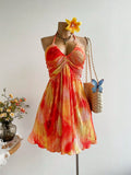 Rusttydustty Party Sunset Tie-Dye Backless Mini Dress, Vacation Pleated Flowy Dress, Tea Party, Beach,