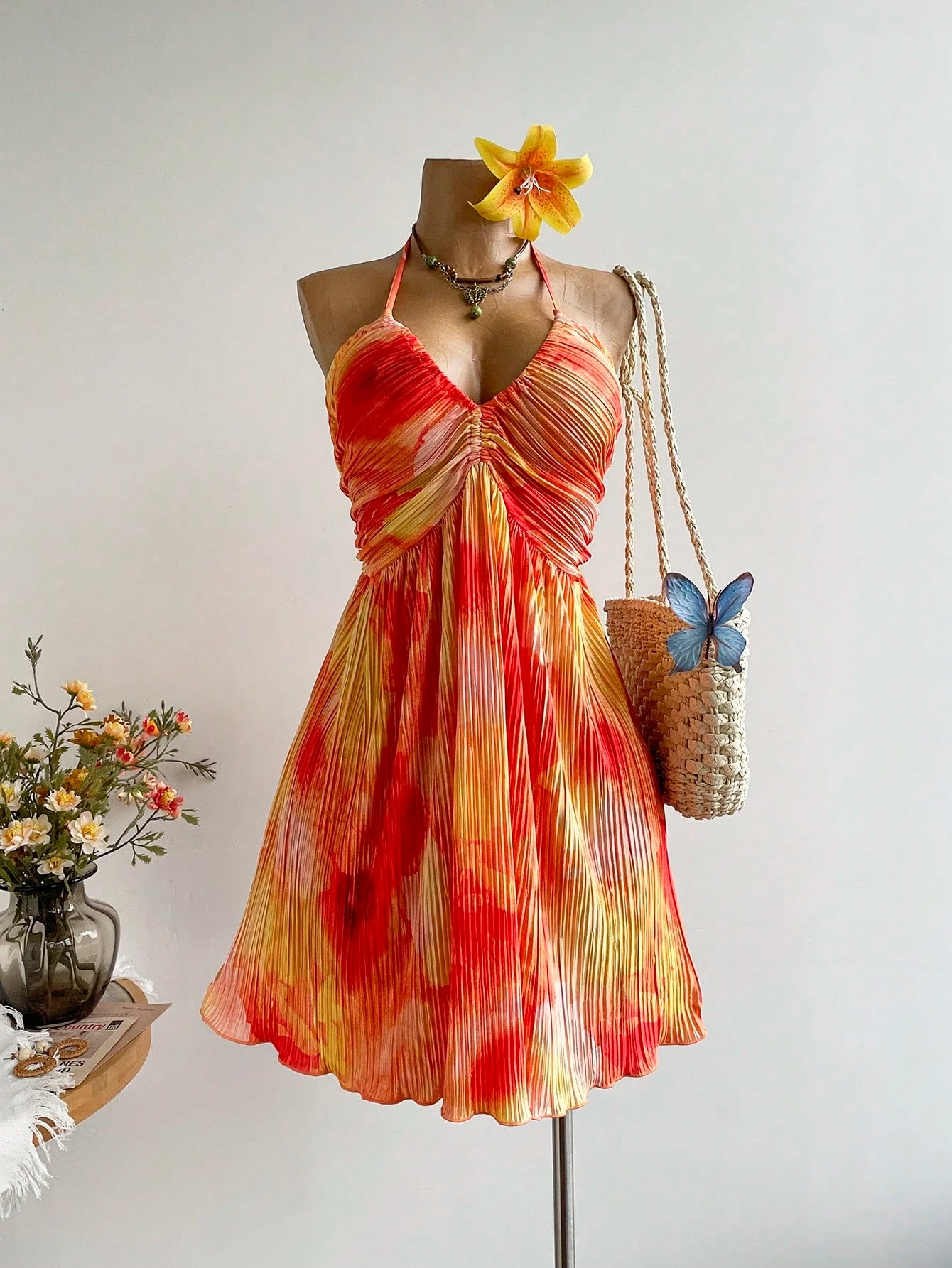 Rusttydustty Party Sunset Tie-Dye Backless Mini Dress, Vacation Pleated Flowy Dress, Tea Party, Beach,