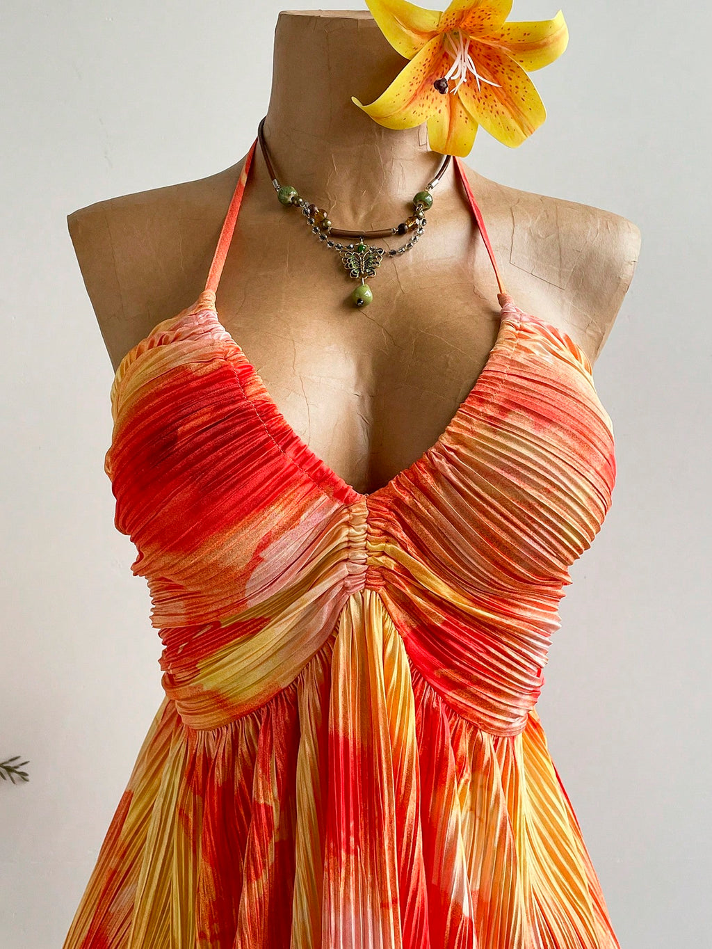 Rusttydustty Party Sunset Tie-Dye Backless Mini Dress, Vacation Pleated Flowy Dress, Tea Party, Beach, - image 3