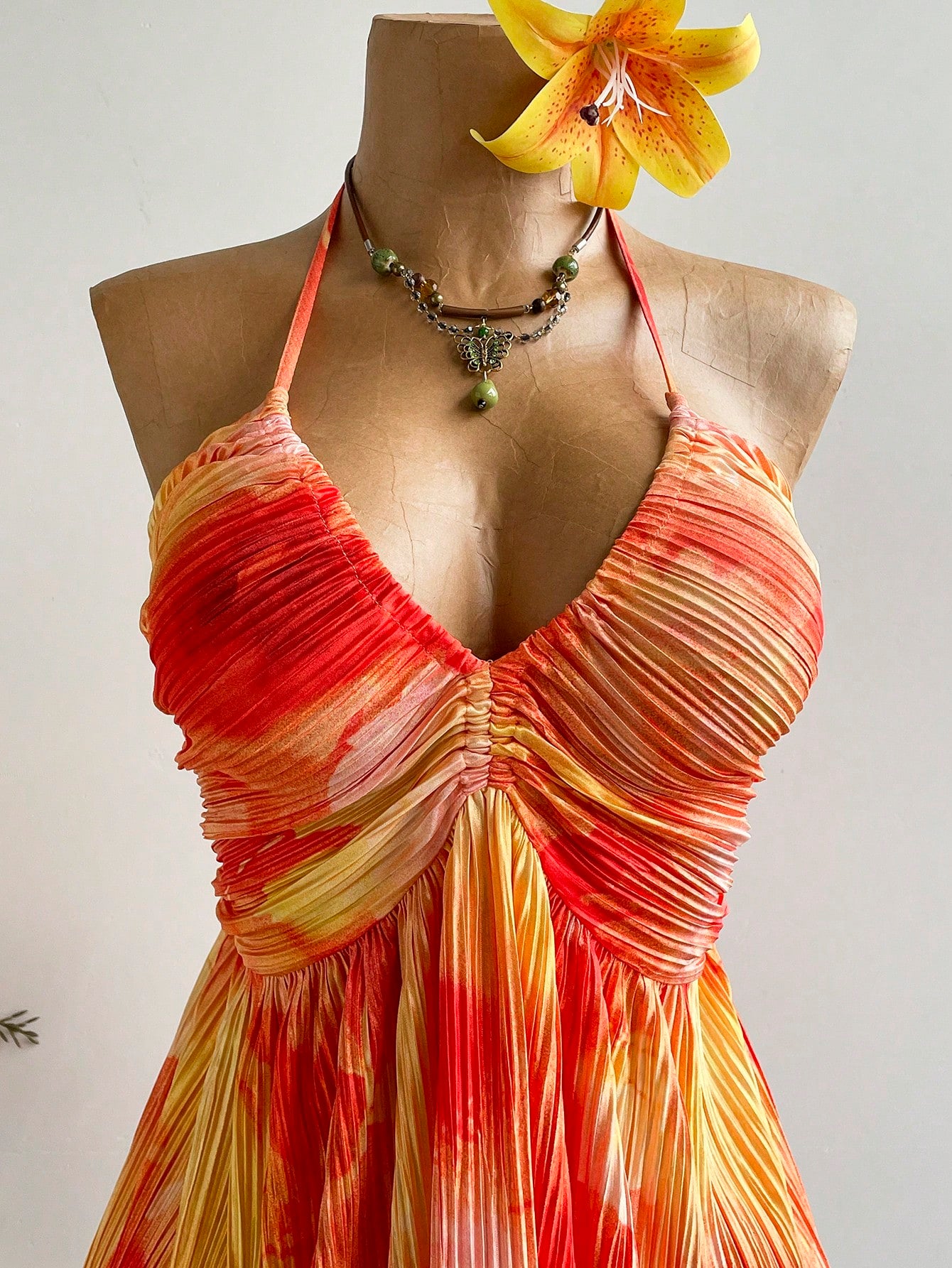 Rusttydustty Party Sunset Tie-Dye Backless Mini Dress, Vacation Pleated Flowy Dress, Tea Party, Beach, - image 3