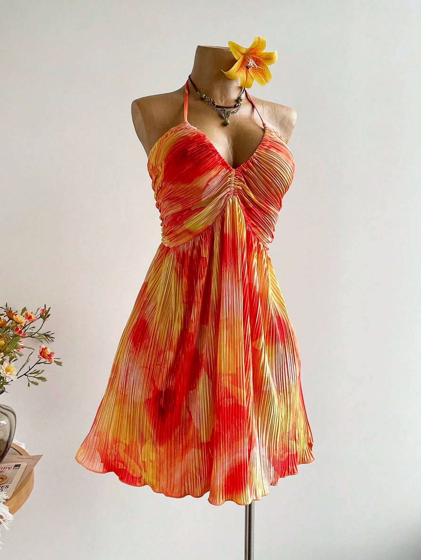 Rusttydustty Party Sunset Tie-Dye Backless Mini Dress, Vacation Pleated Flowy Dress, Tea Party, Beach, - image 6