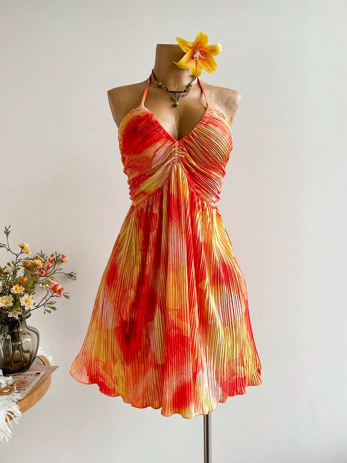 Rusttydustty Party Sunset Tie-Dye Backless Mini Dress, Vacation Pleated Flowy Dress, Tea Party, Beach, - image 5