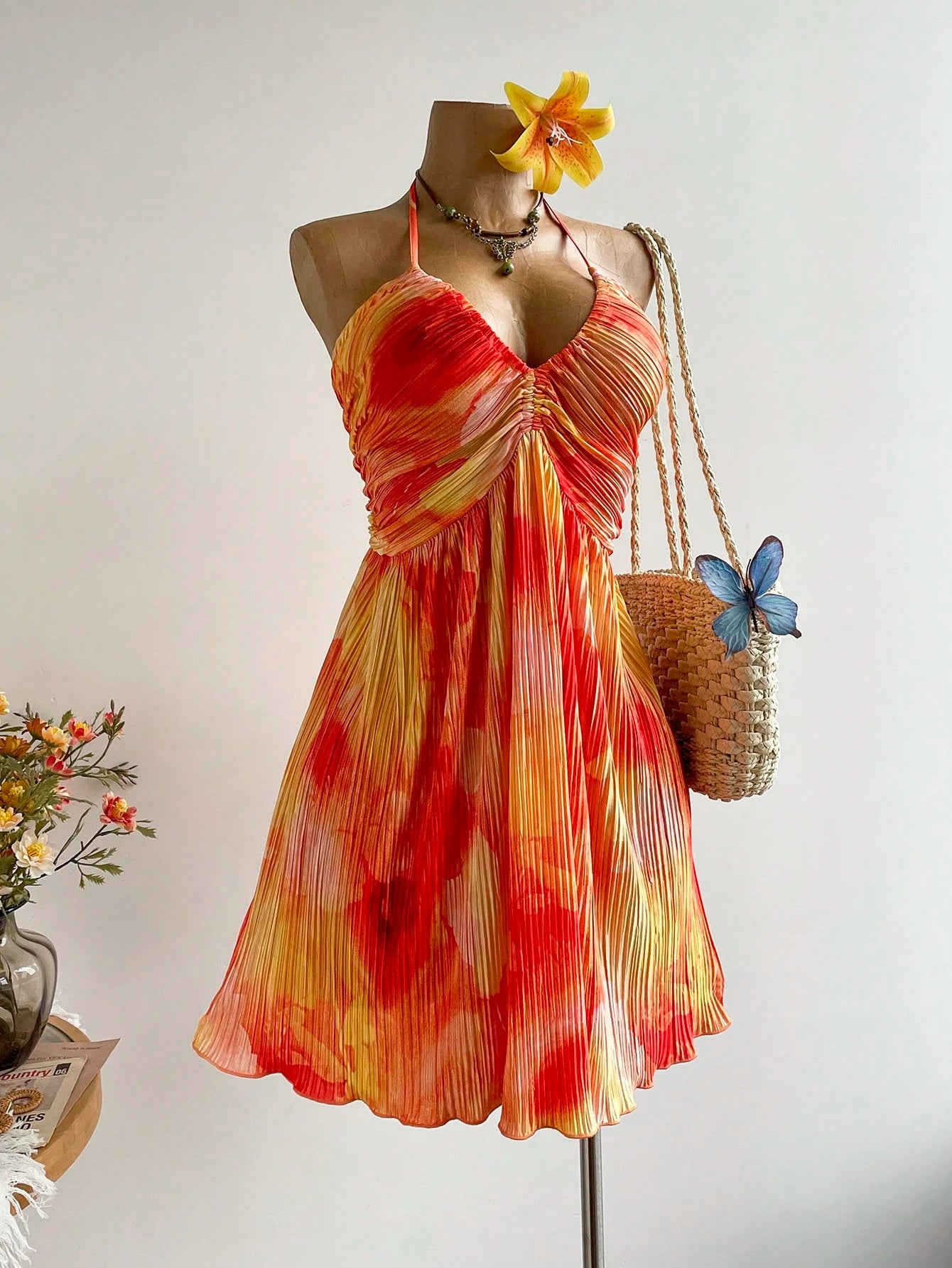 Rusttydustty Party Sunset Tie-Dye Backless Mini Dress, Vacation Pleated Flowy Dress, Tea Party, Beach, - image 2
