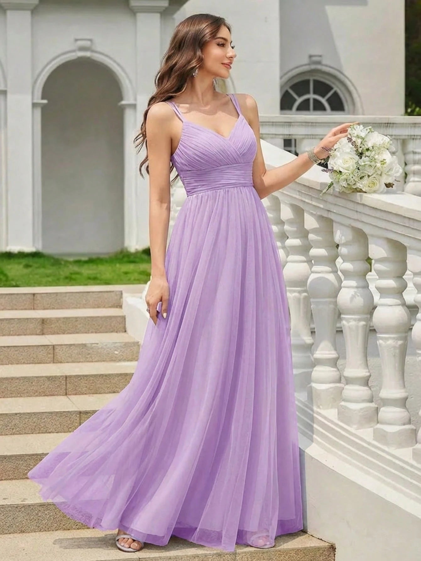 EVERPRETTY Elegant Lace Contrast Mesh Backless Pink Bridesmaid Dress,