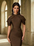 Aureia Elegant Chocolate Brown Summer Wedding Guest Dress,Minimalist Formal Evening Stand Collar Flounce Hem