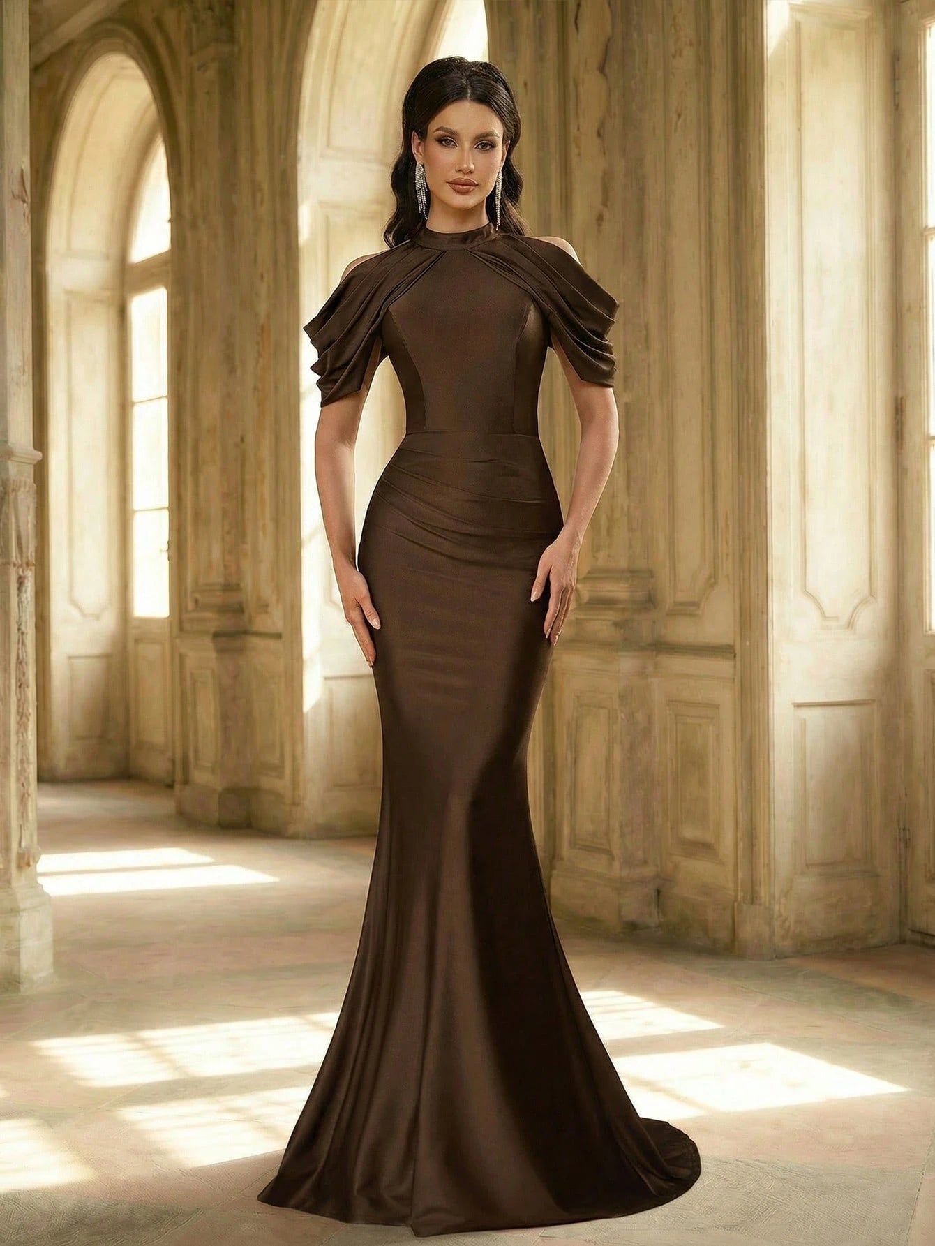 Aureia Elegant Chocolate Brown Summer Wedding Guest Dress,Minimalist Formal Evening Stand Collar Flounce Hem - image 2
