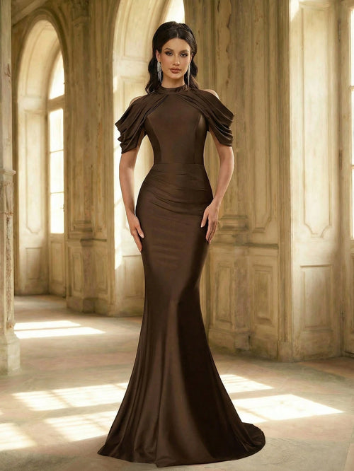Aureia Elegant Chocolate Brown Summer Wedding Guest Dress,Minimalist Formal Evening Stand Collar Flounce Hem - image 2